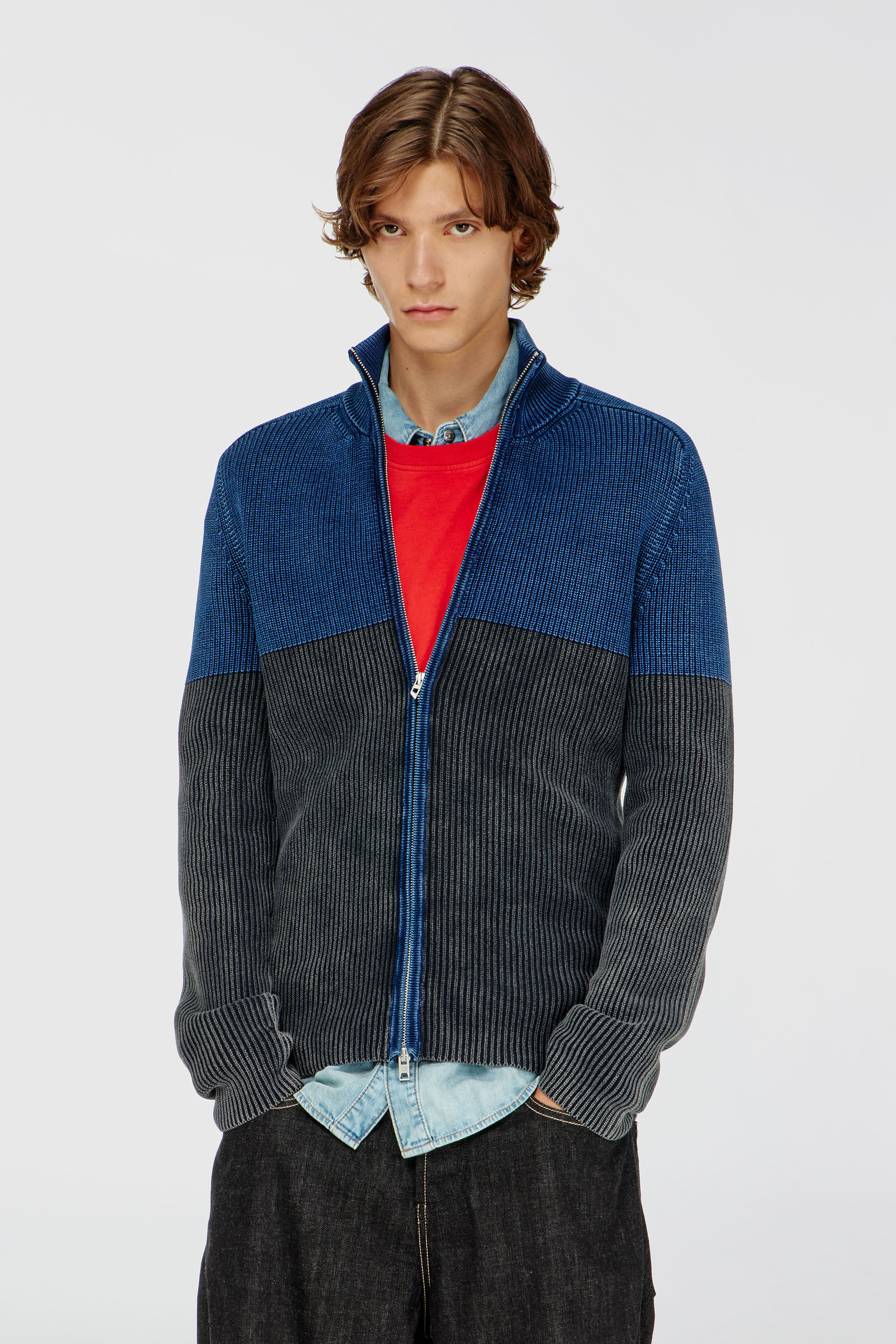 Diesel - K-HERMOS, Man's Zip-up cardigan with two-tone denim effect in Black/Blue - 2