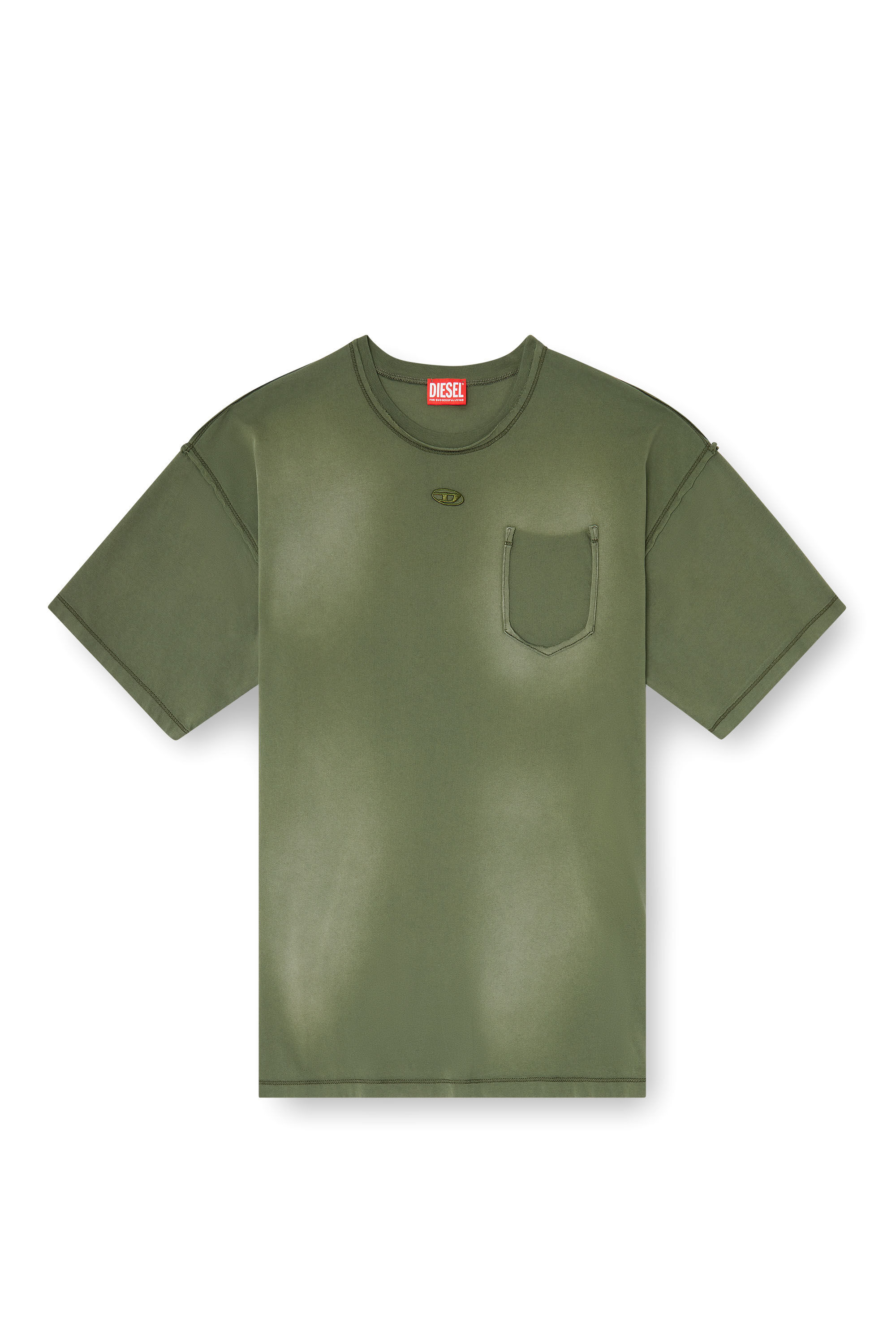 Diesel - T-POCK, Man's Faded T-shirt with ripped pocket detail in Green - 2