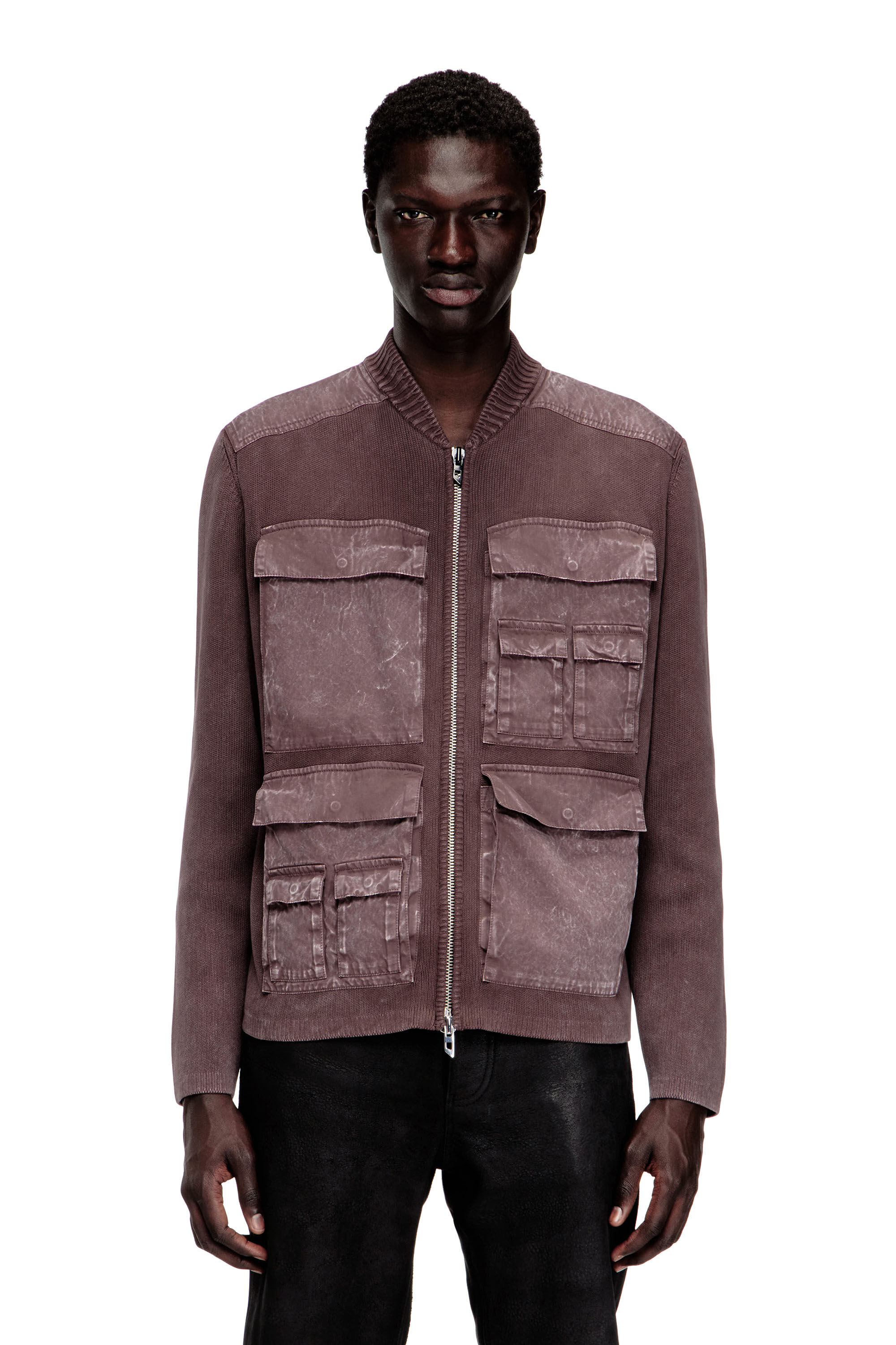 Diesel - K-GEROME, Man's Zip-up cardigan with cargo pockets in Brown - 3