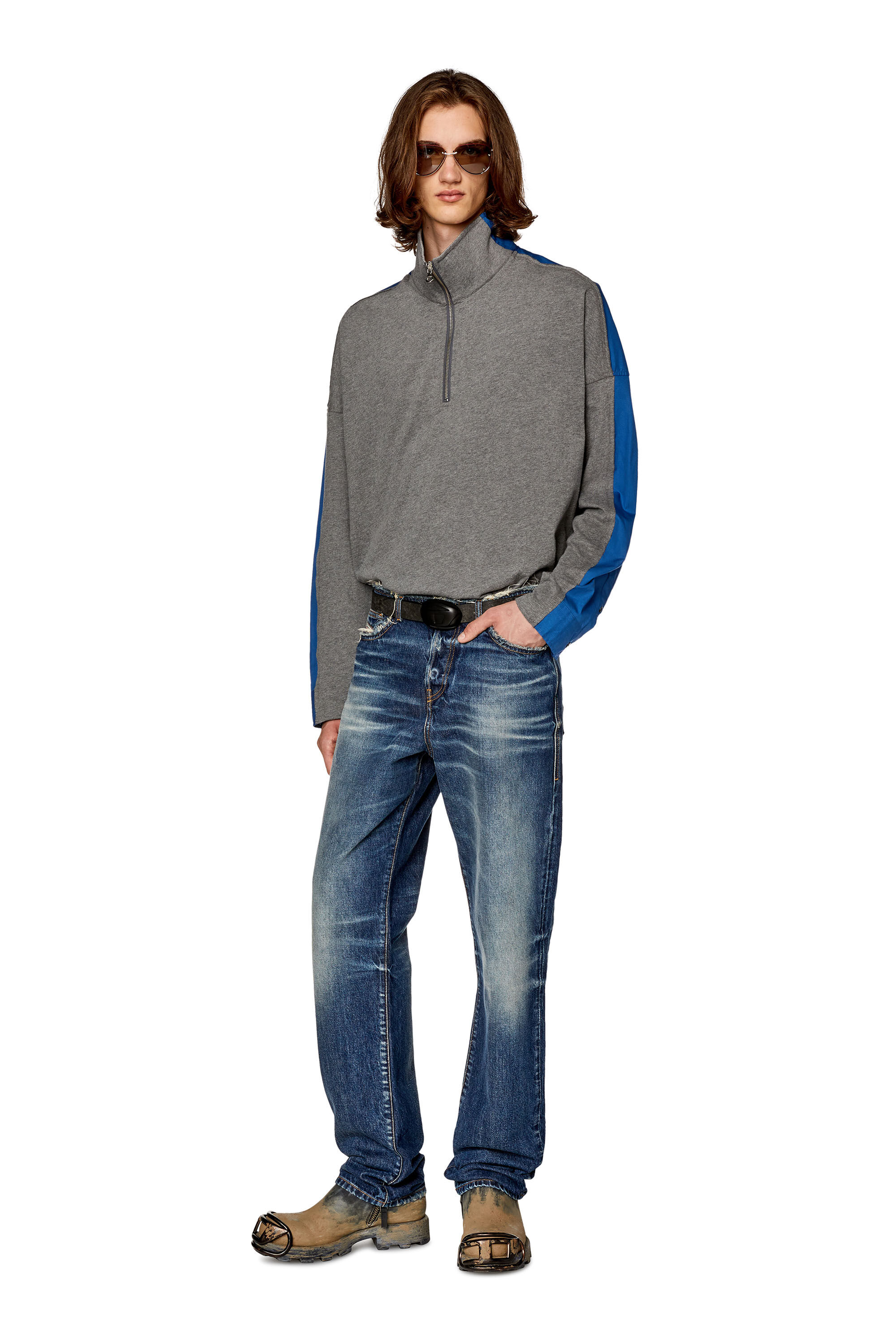 Diesel - S-GAND-A, Man's Hybrid shirt in jersey and poplin in Blue/Grey - 1