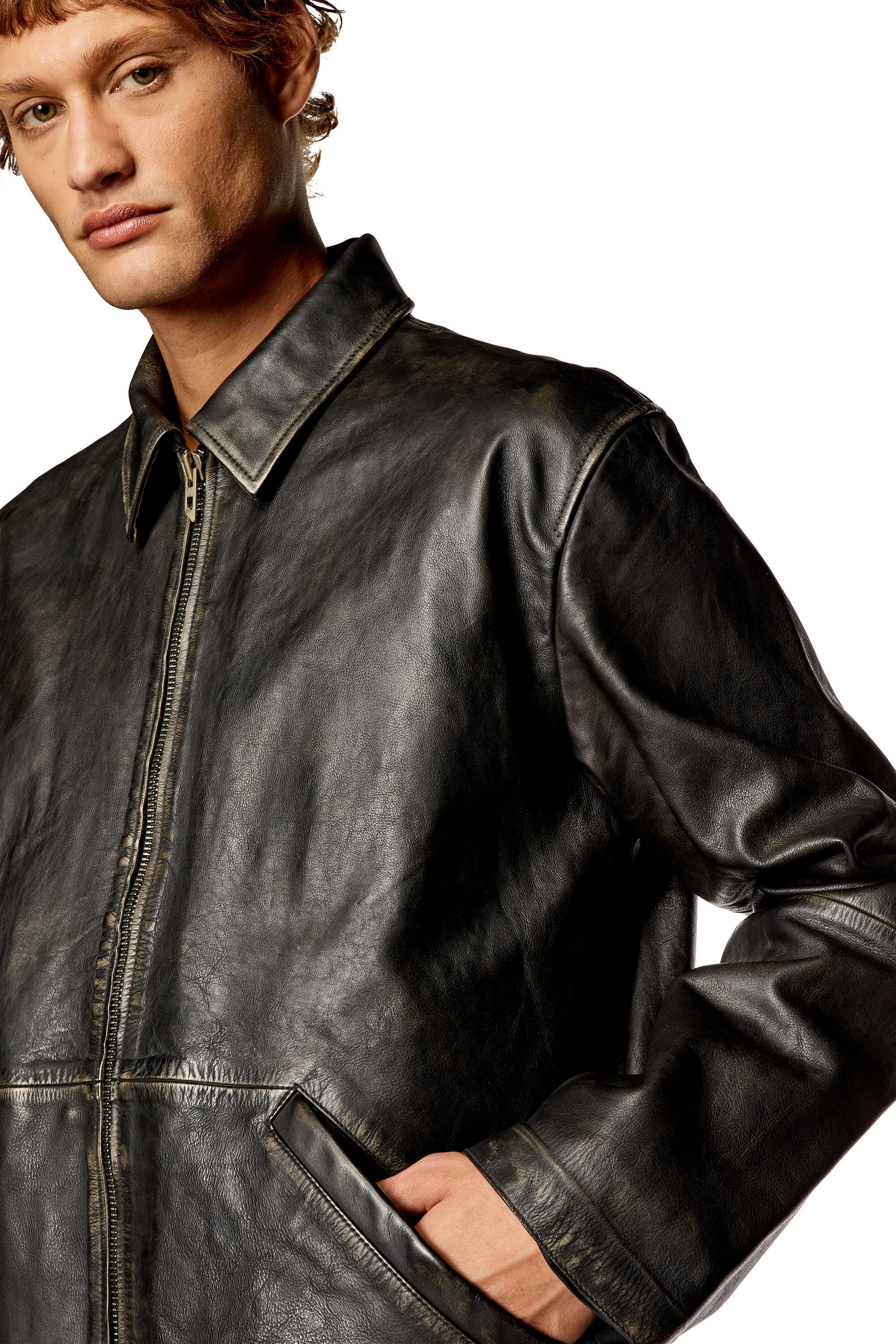 Men's Distressed leather jacket | Black | Diesel L-Stoller-Treat