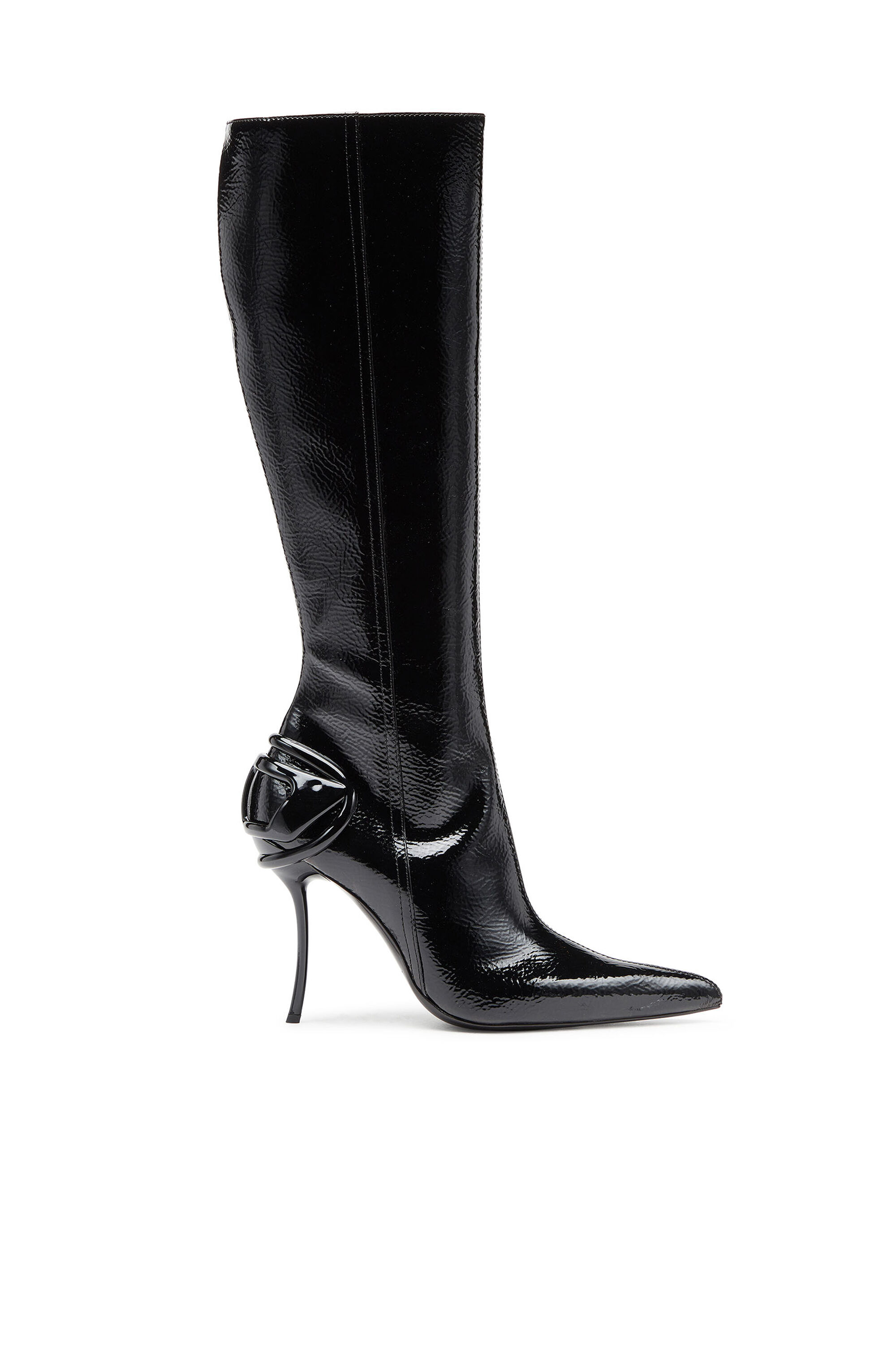 Women's D-Ten&Half-Glossy knee-high boots with curved heel | Black | Diesel