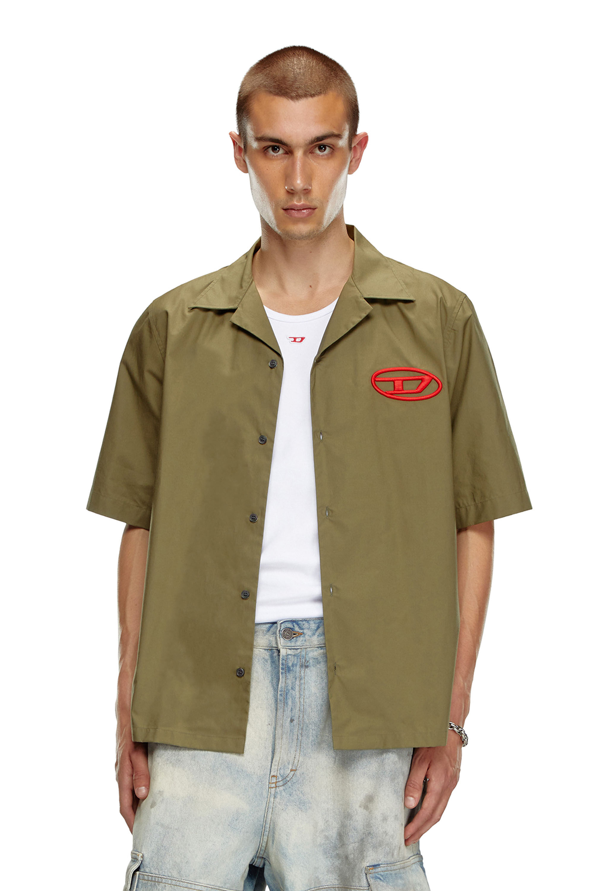 Diesel - S-MAC-C, Man's Bowling shirt with logo embroidery in Military Green - 3