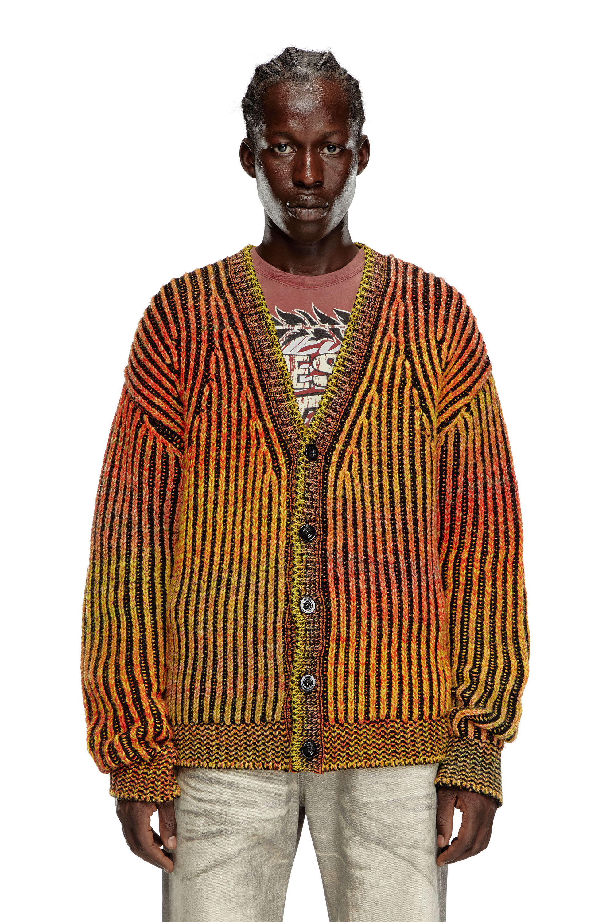 Diesel - K-OAKLAND-CR, Man's Striped ribbed cardigan in wool blend in Orange - 6