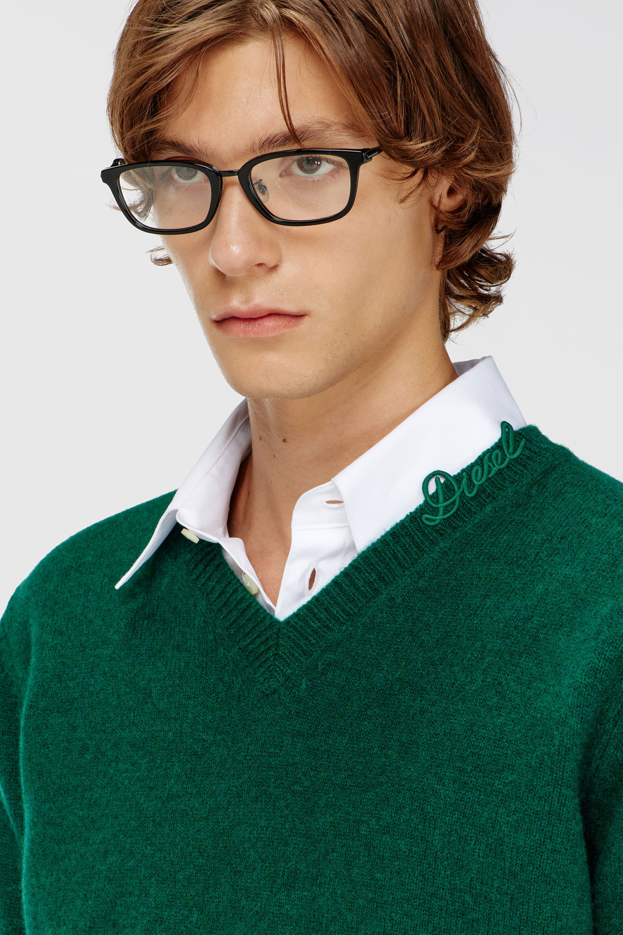 Diesel - K-IMER, Man's Wool V-neck jumper with neck logo in Green - 4