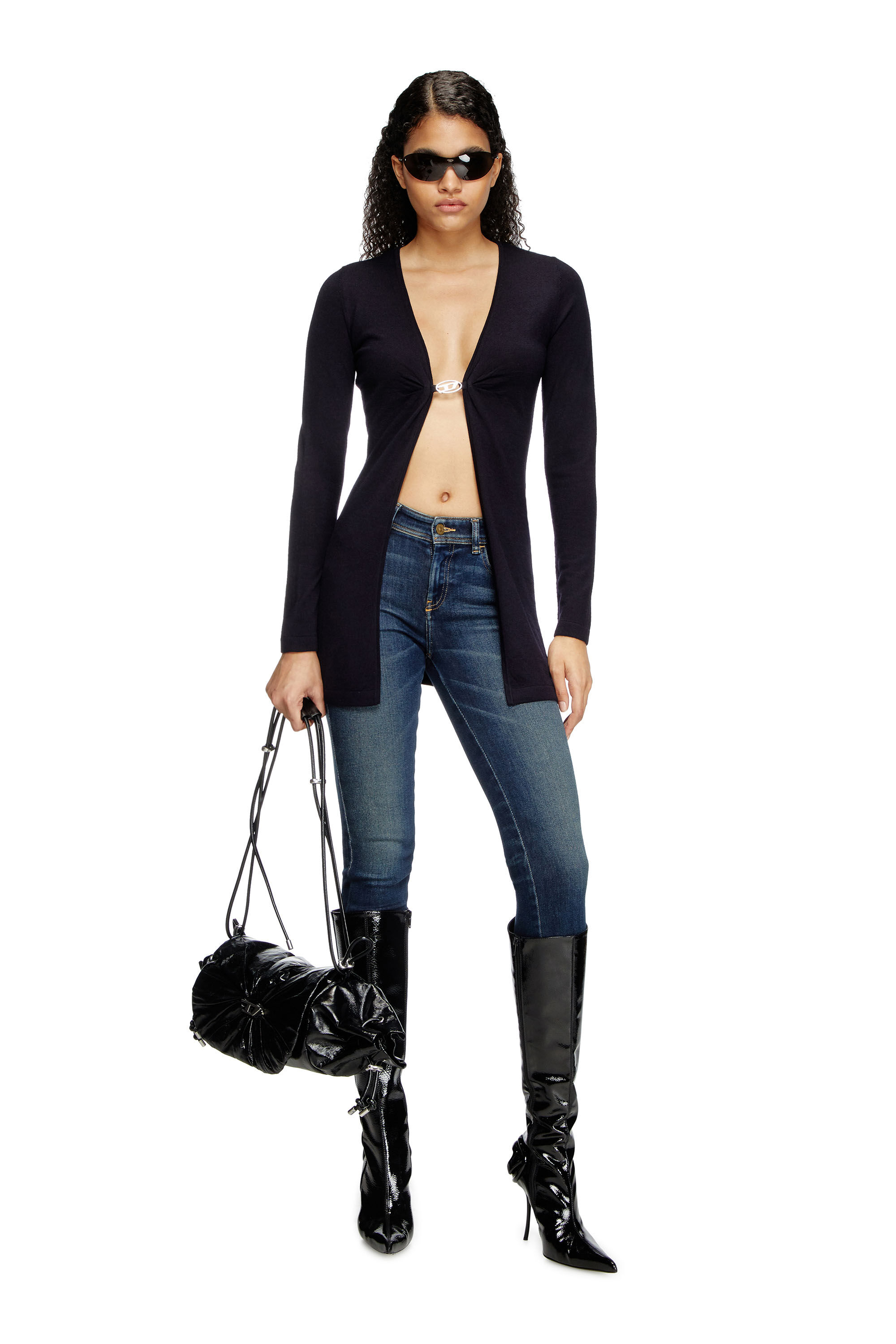 Diesel - M-PIERRY-LONG, Woman's Longline wool cardigan with open front in Dark Blue - 1