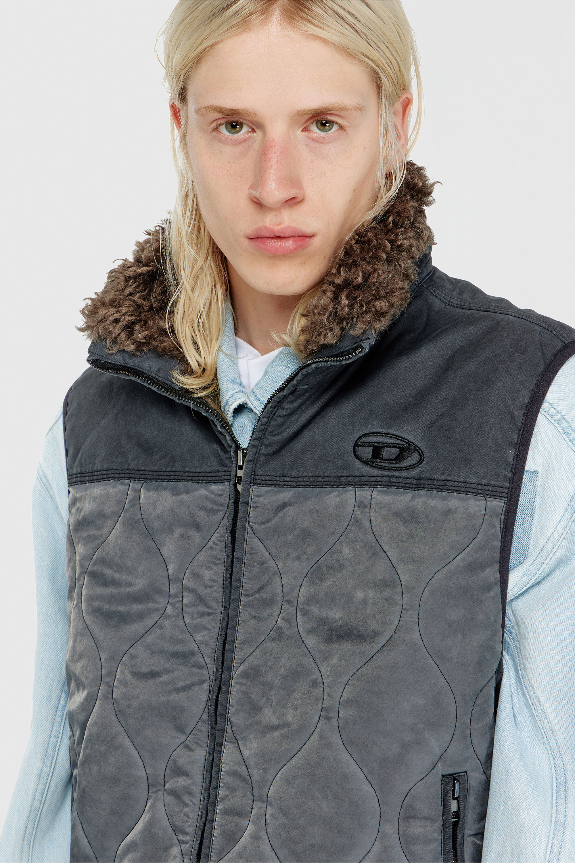 Diesel - J-ALVAR, Man's Quilted vest with fluffy neck lining in Dark grey - 6