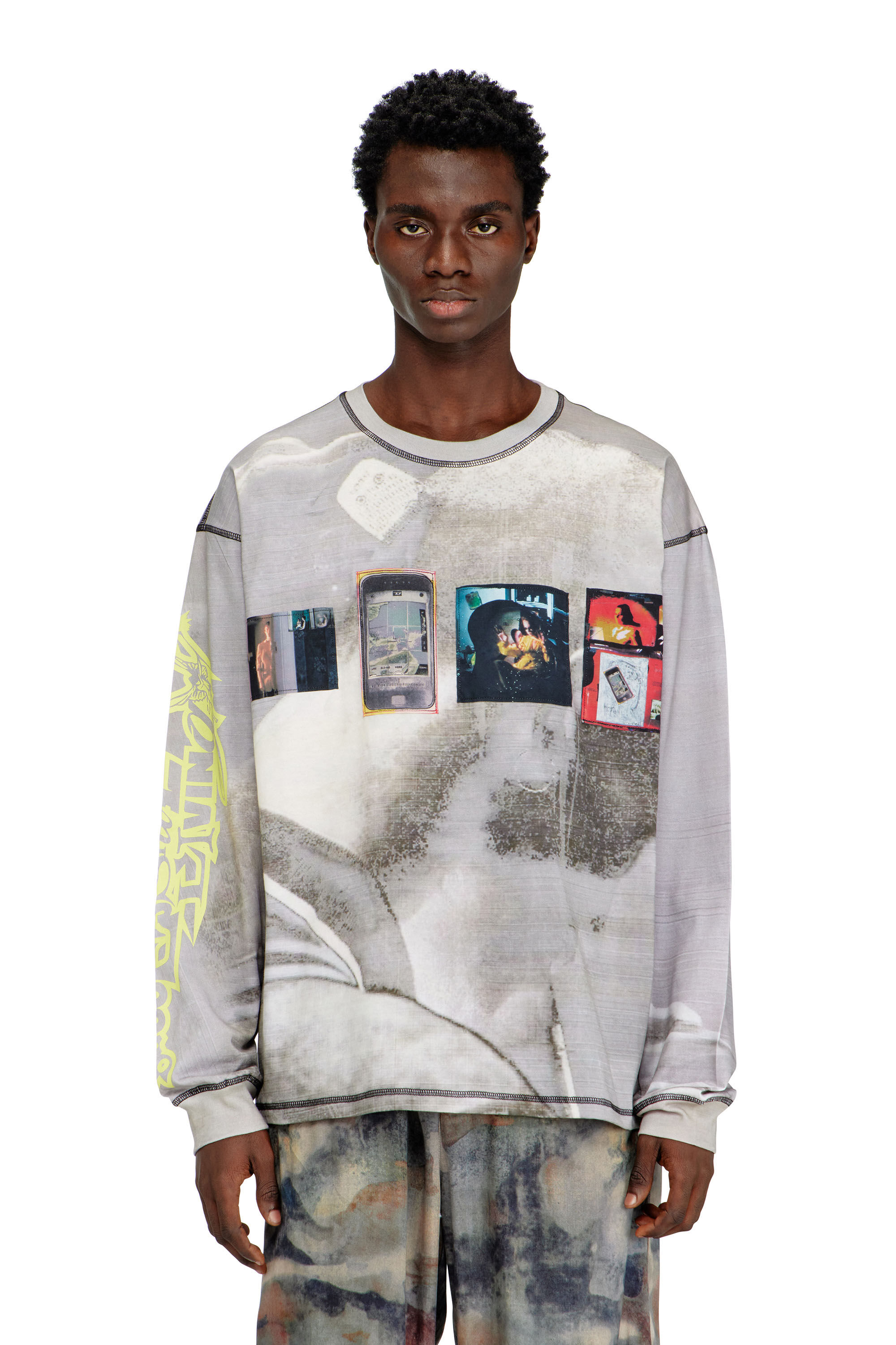 Diesel - T-BOXT-LS-V3, Man's Long-sleeve T-shirt with all-over print and patches in Grey - 3