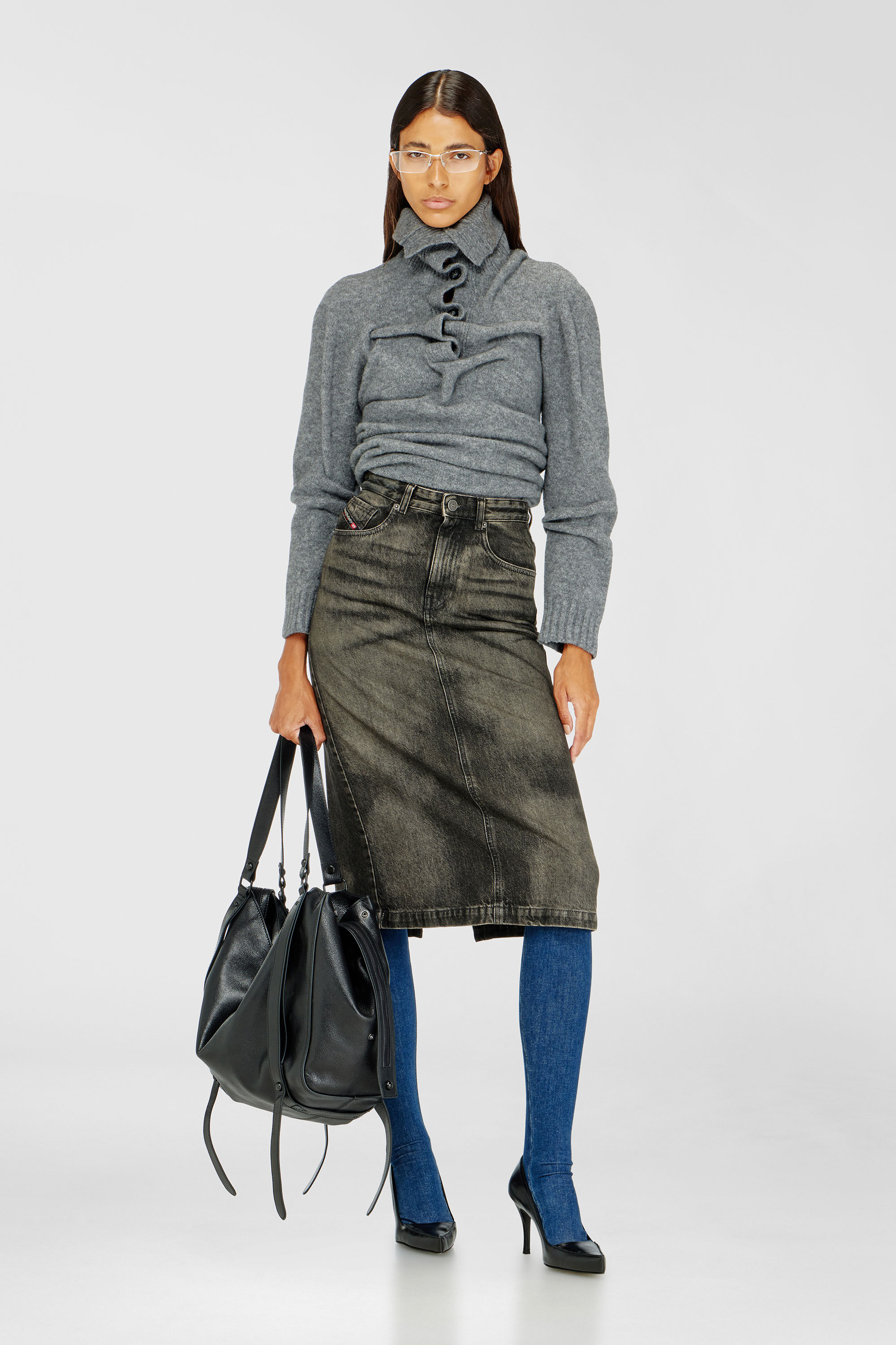 Diesel - DE-PENDY-FSJ, Woman's Pencil skirt in dirty-effect denim in Dark grey - 1