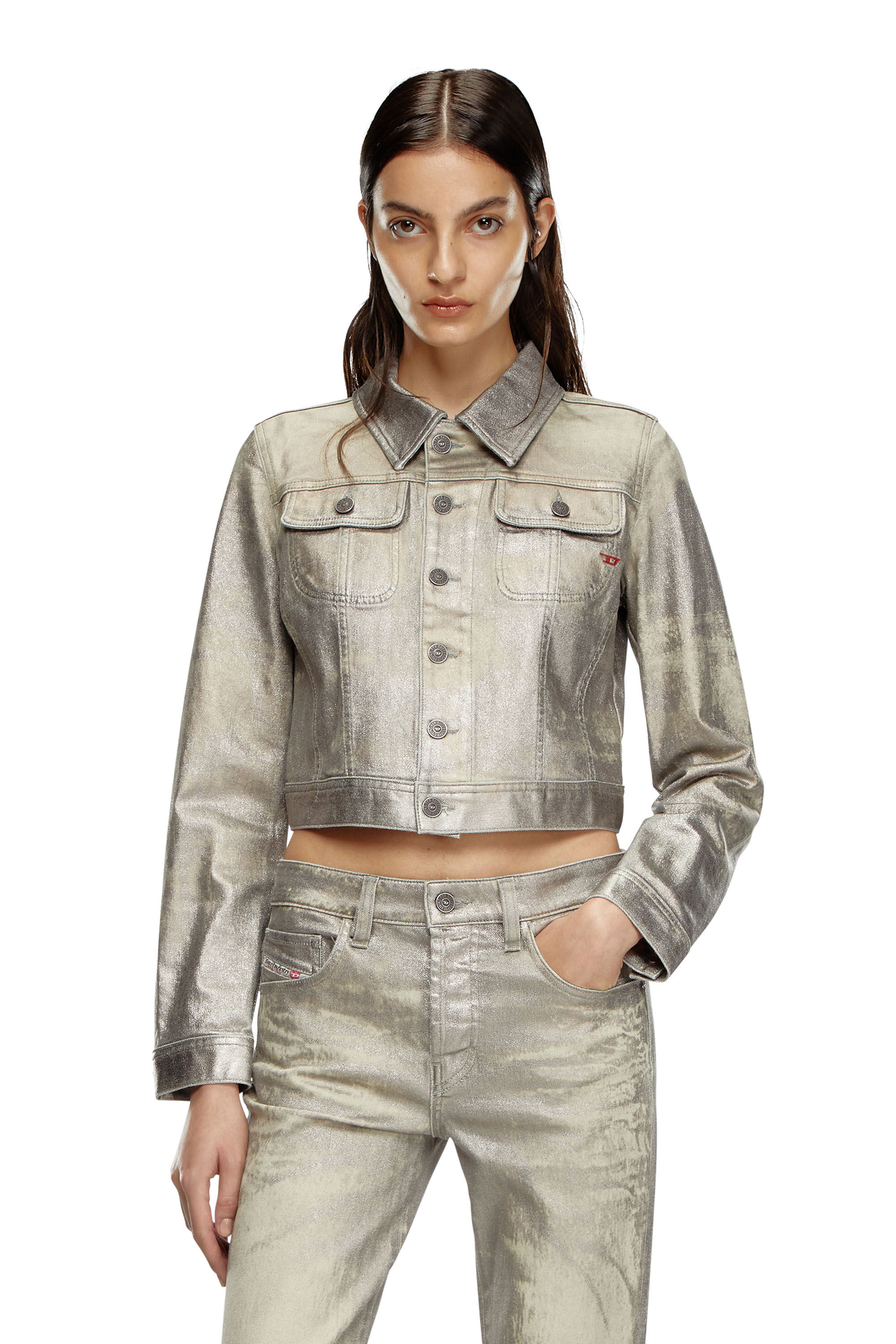 Diesel - DE-SLIMMY-S1, Woman's Trucker jacket in shiny denim canvas in Grey - 3