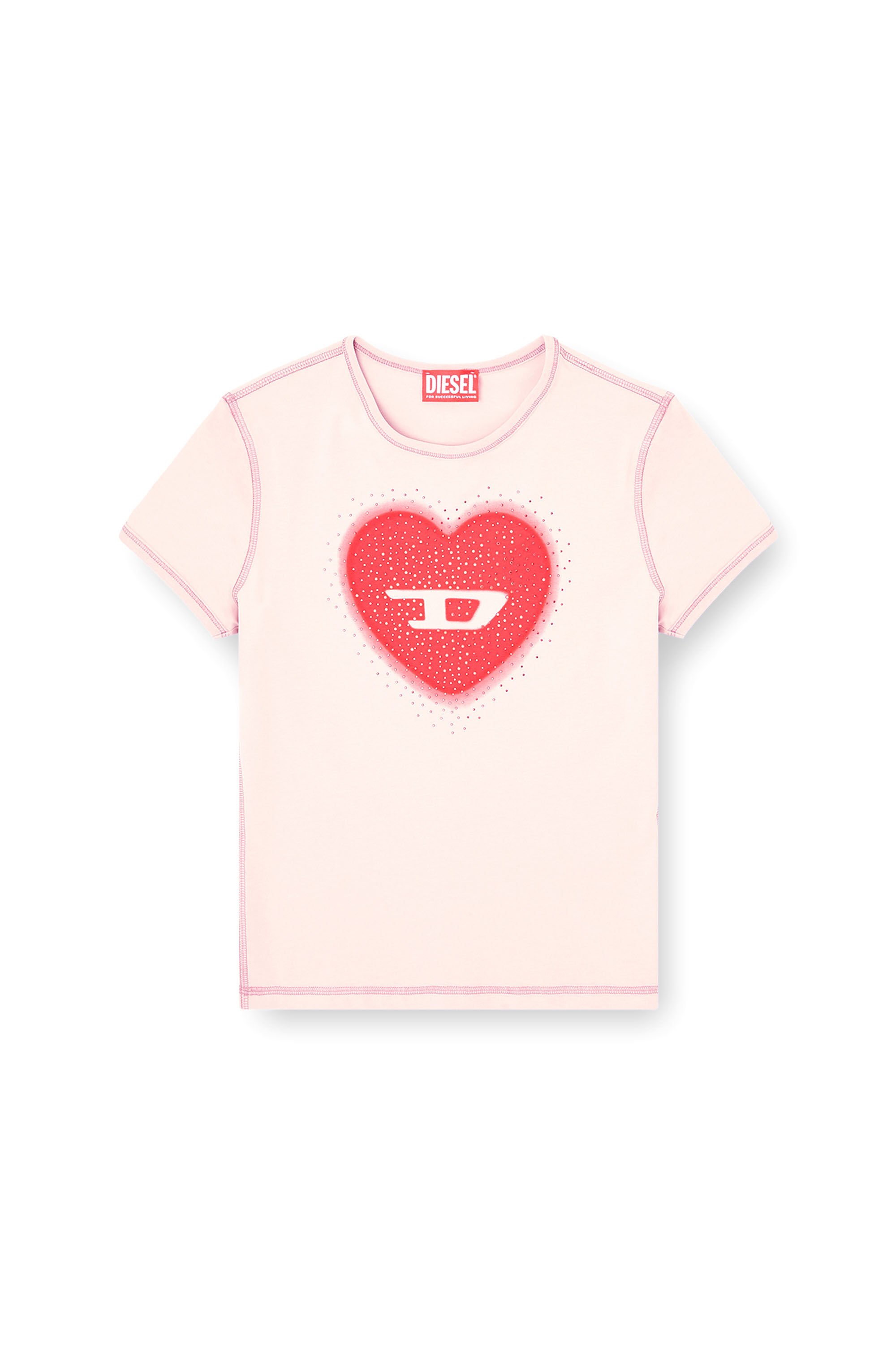 Diesel - T-UNCUTIES-LONG-S5, Woman's Slim T-shirt with heart print and studs in Pink - 2