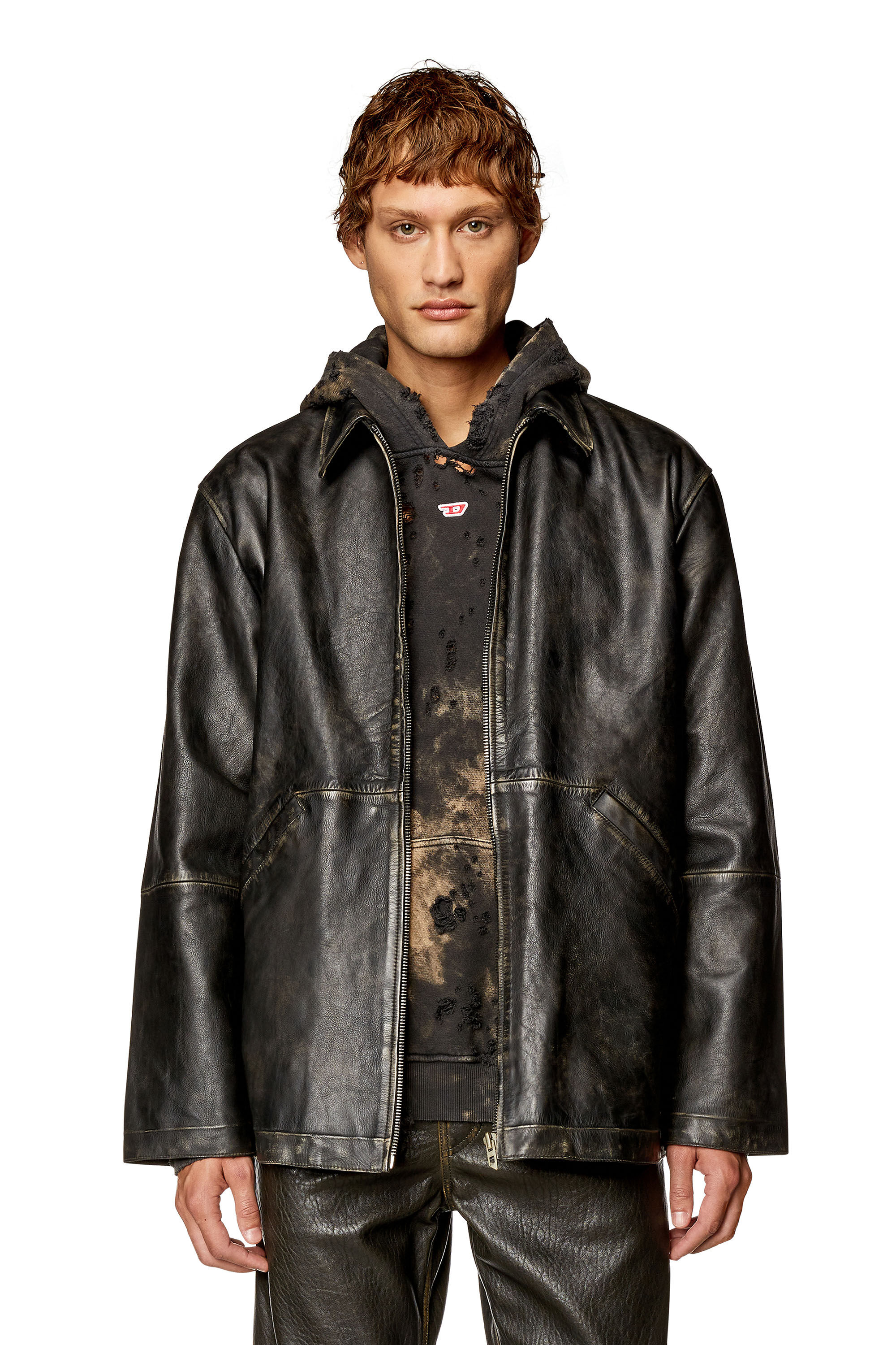 Men's Distressed leather jacket | Black | Diesel L-Stoller-Treat