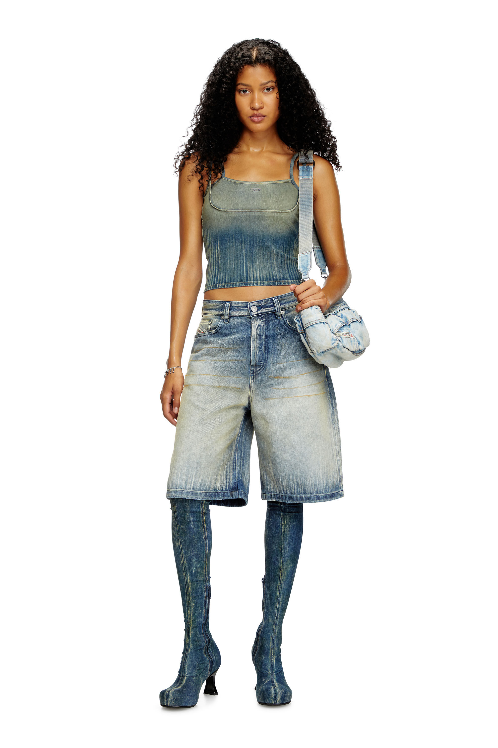 Diesel - DE-MADDY-S, Woman's Crop top in light streaky denim in Medium blue - 1