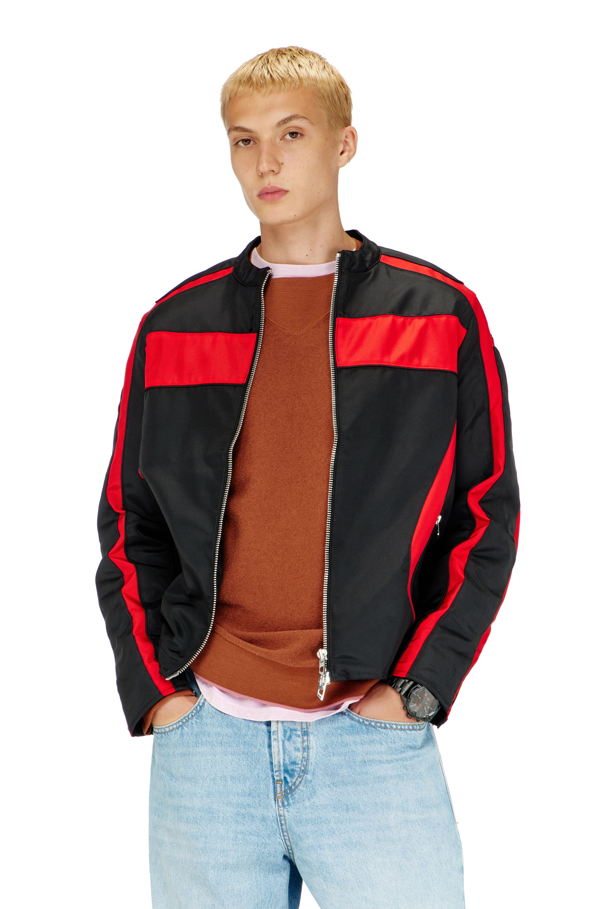 Diesel - J-ADAM-PDAI, Man's Biker jacket in colour-block canvas in Black/Red - 3