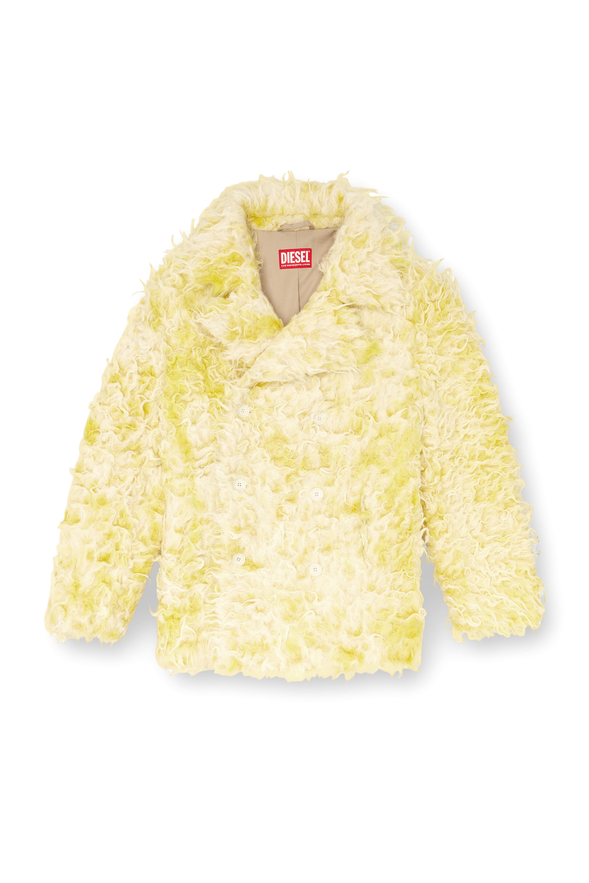 Diesel - W-MIN-SHORT, Man's Double-breasted coat in shaggy alpaca blend in Yellow - 2