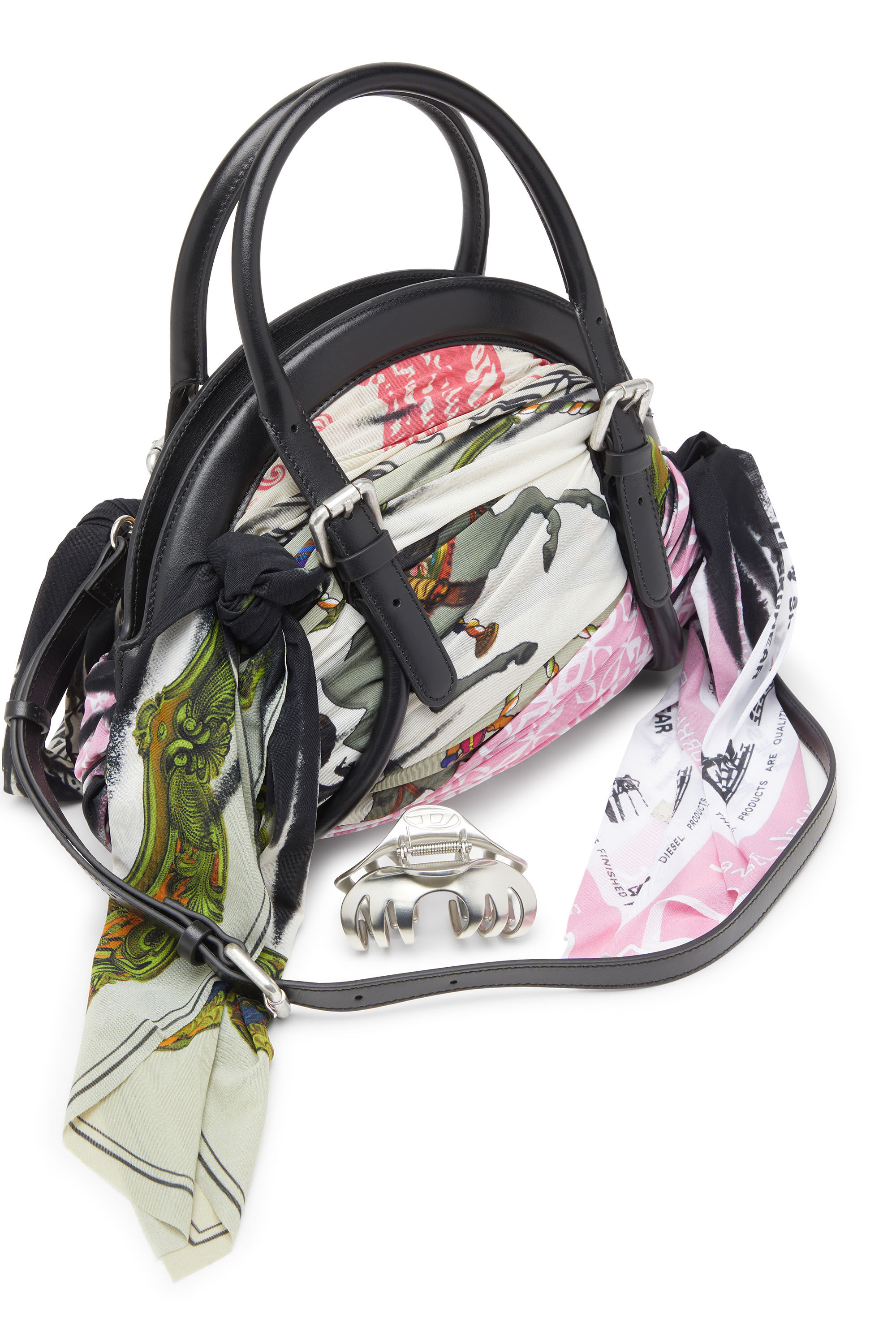 Diesel - TRASH-D TOP HANDLE, Woman's Trash-D-Bandana handbag in leather and jersey in Black/White - 2