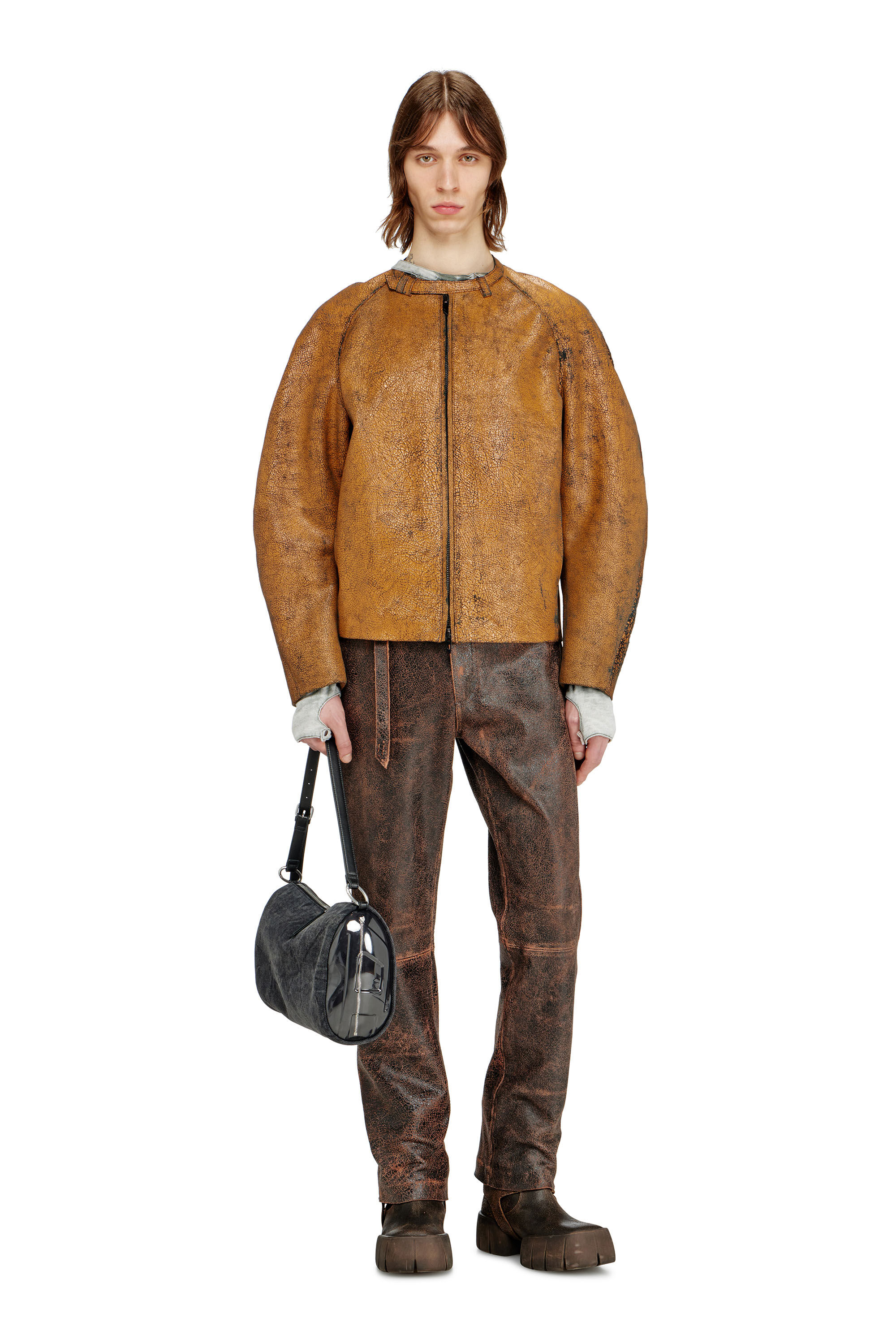 Diesel - P-NURI, Man's Cracked-leather pants with biker strap detail in Brown - 1