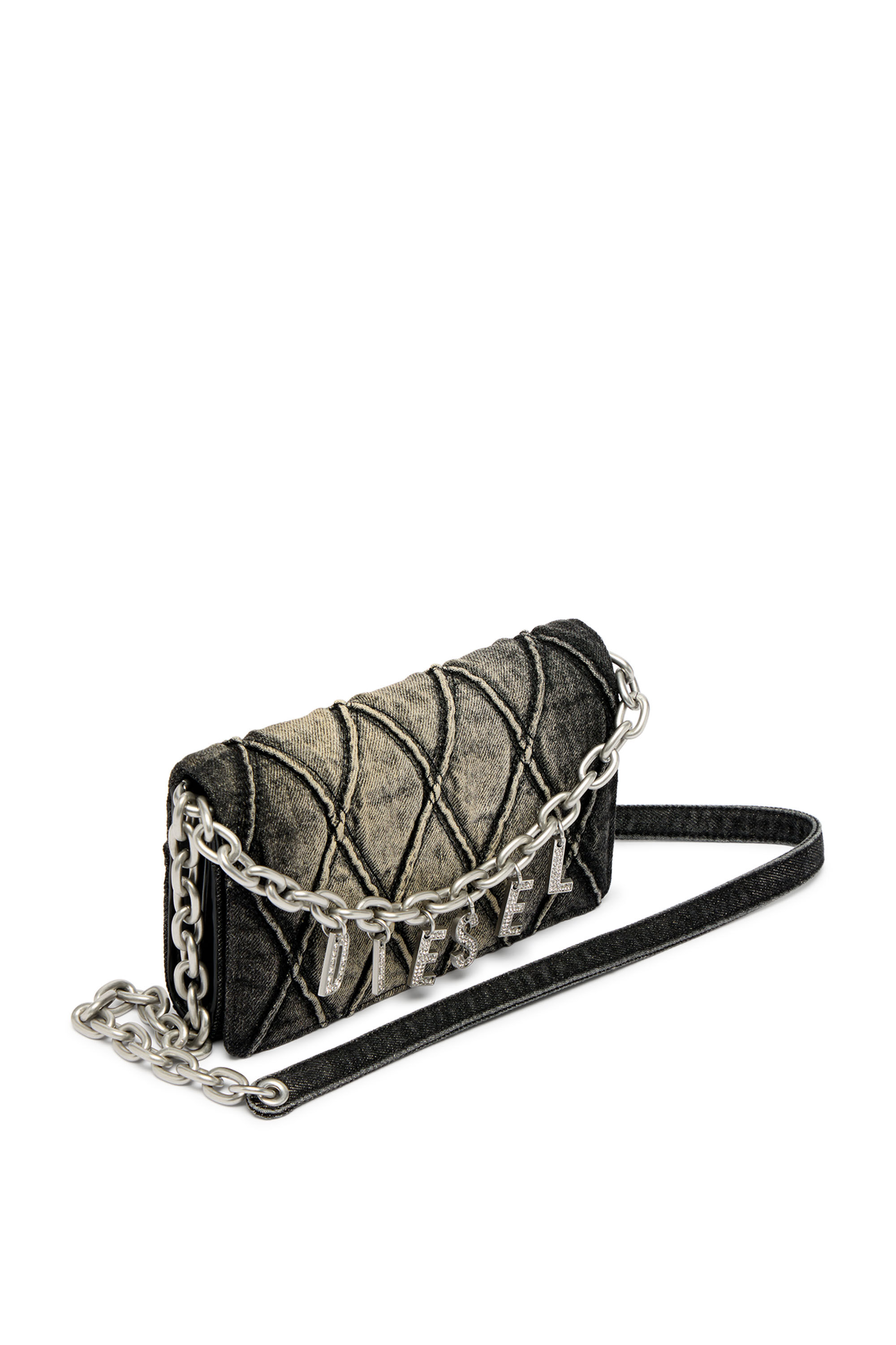 Diesel - CHARM-D WALLET STRAP, Woman's Wallet purse in argyle quilted denim in Black - 5