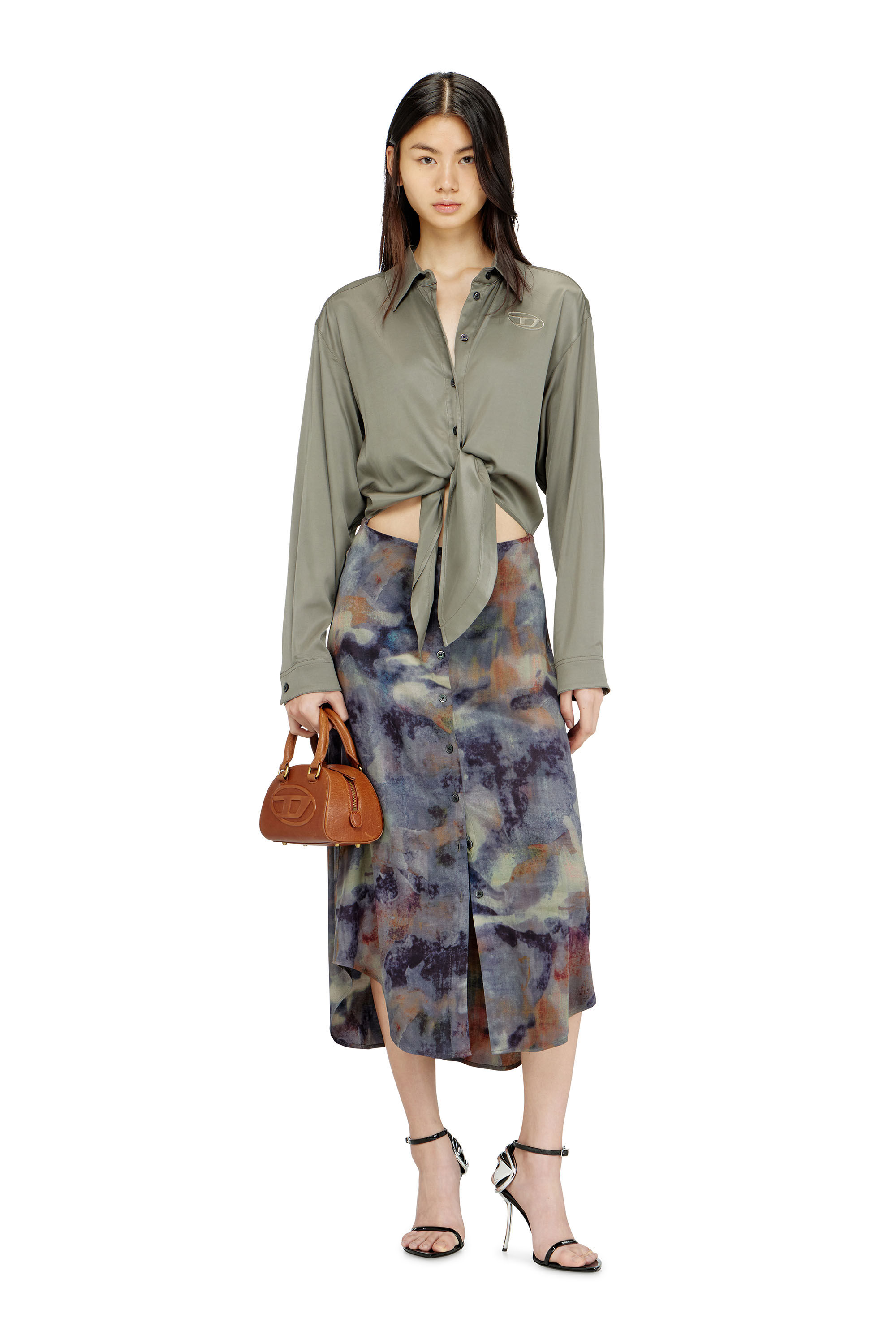 Diesel - D-ELTA, Woman's Satin midi dress with knotted top in Military Green - 1