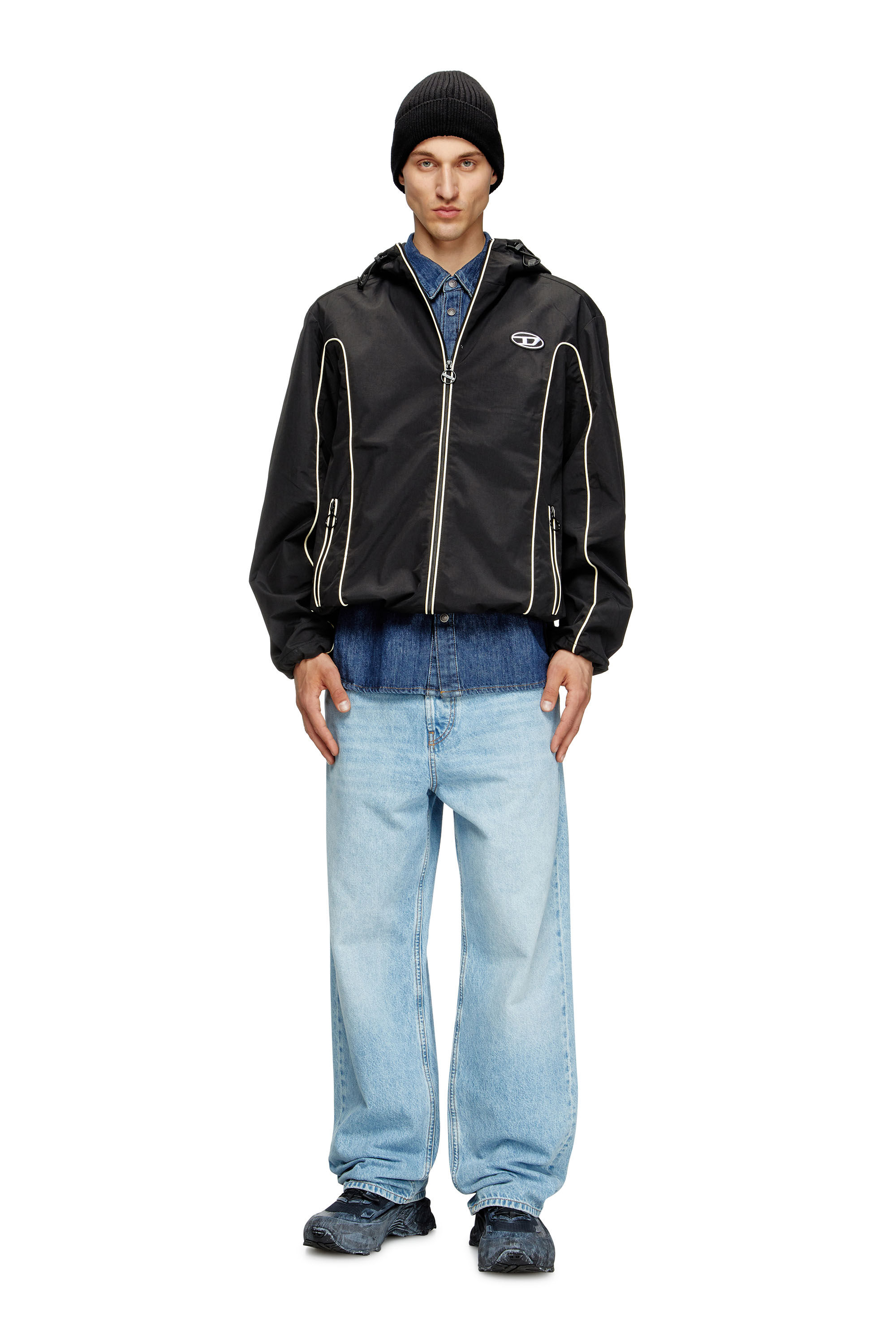 Diesel - J-HIVES, Man's Windbreaker with contrast piping in Black - 1