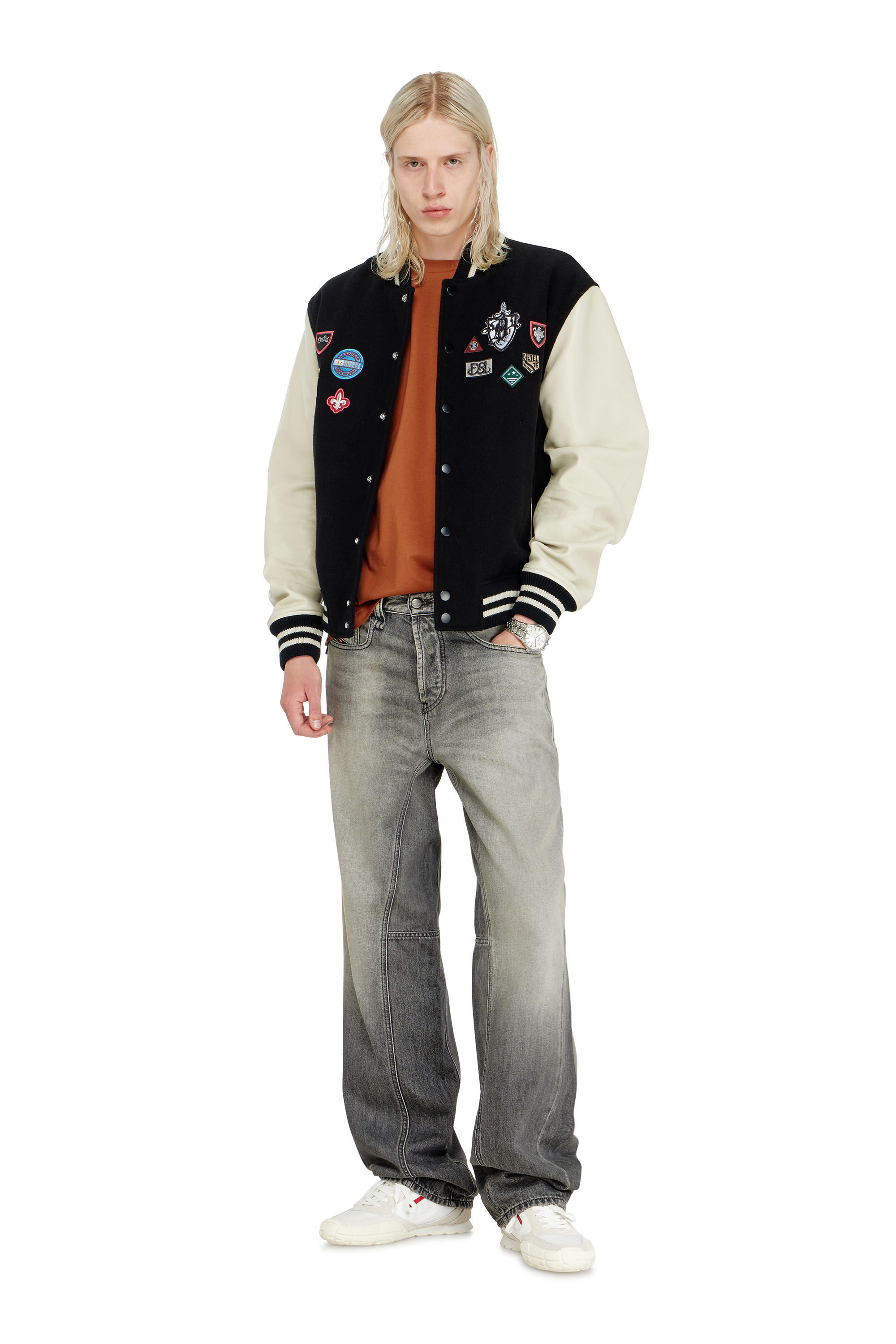 Diesel - L-ARRY-PATCH, Man's Wool and leather bomber jacket with patches in White/Black - 1