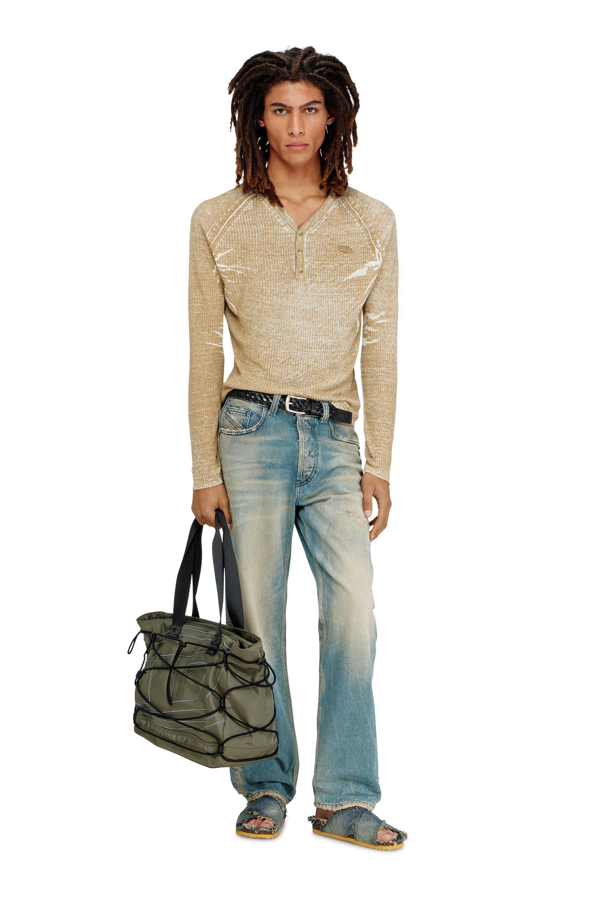 Diesel - K-ZENON, Man's Henley jumper with faded reverse print in Light Brown - 1