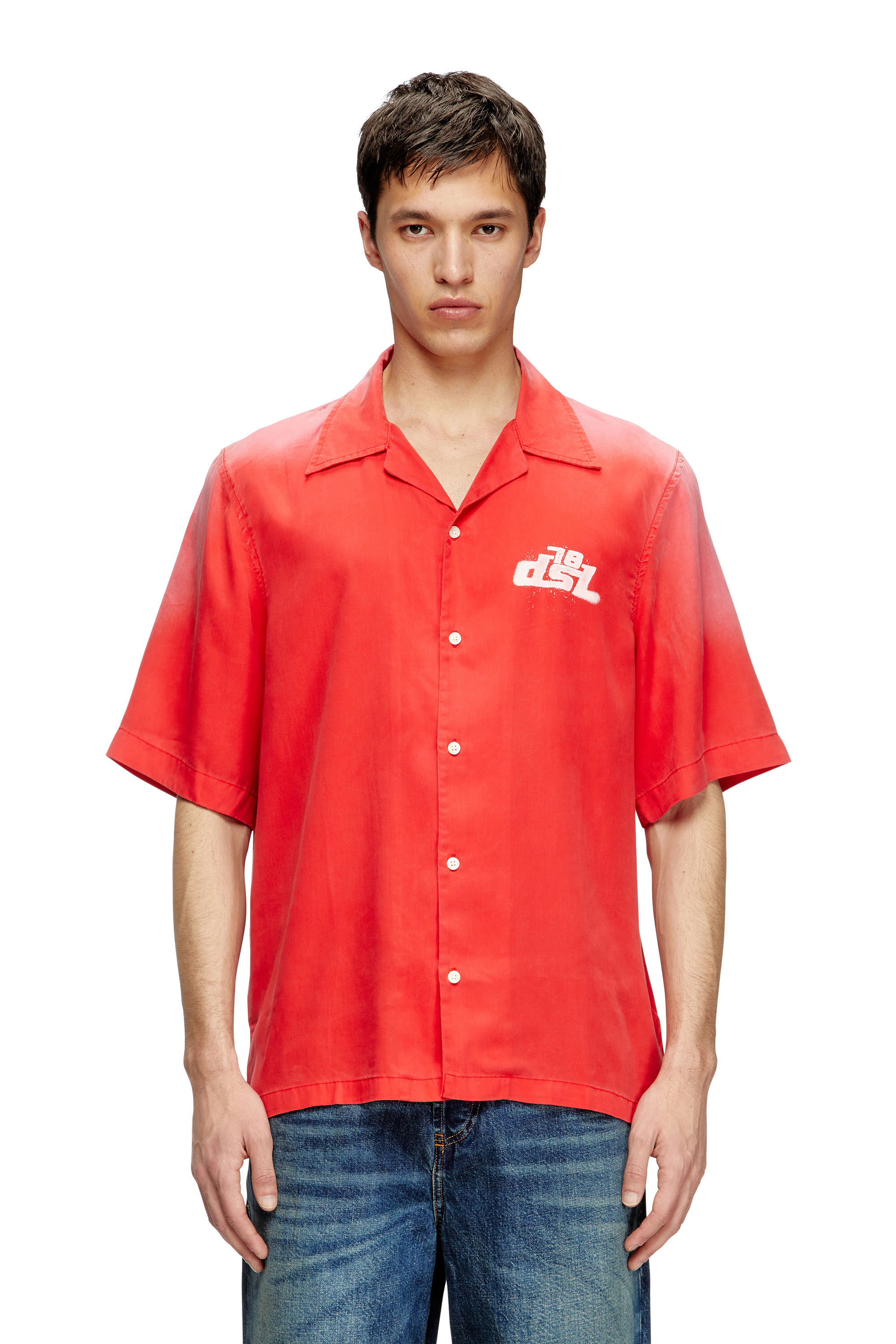 Diesel - S-ELLY, Man's Faded bowling shirt with logo prints in Red - 2