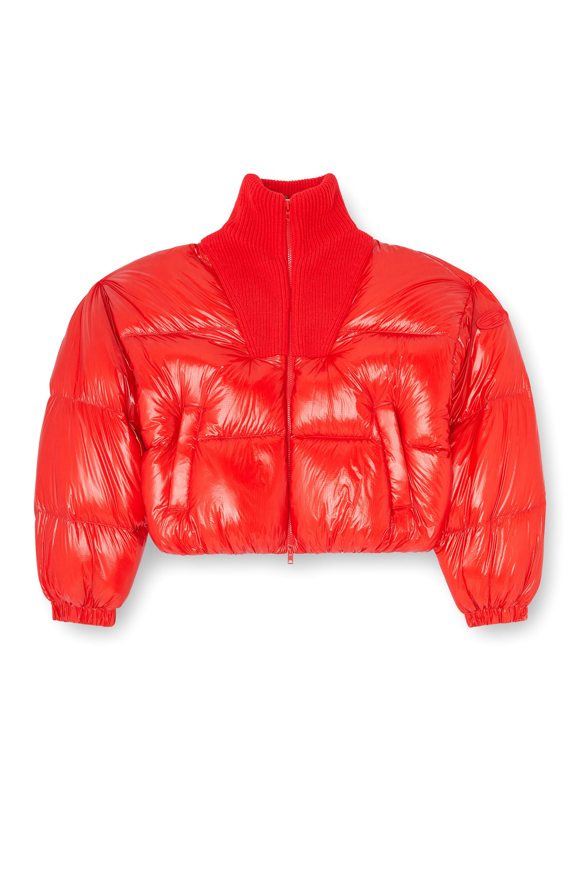 Diesel - W-ARRIOR, Woman's Down puffer jacket in ripstop with knitted collar in Red - 3