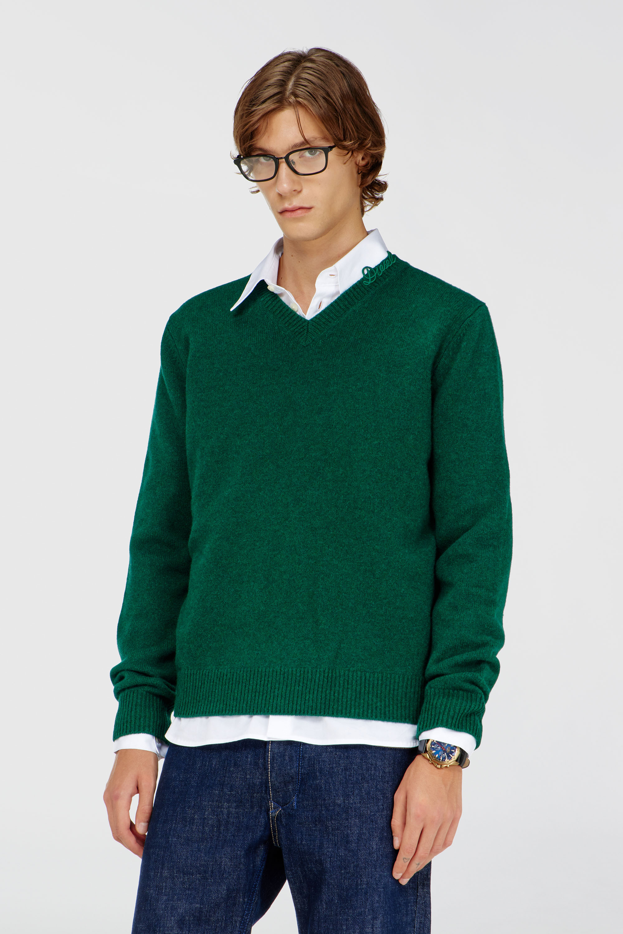 Diesel - K-IMER, Man's Wool V-neck jumper with neck logo in Green - 2