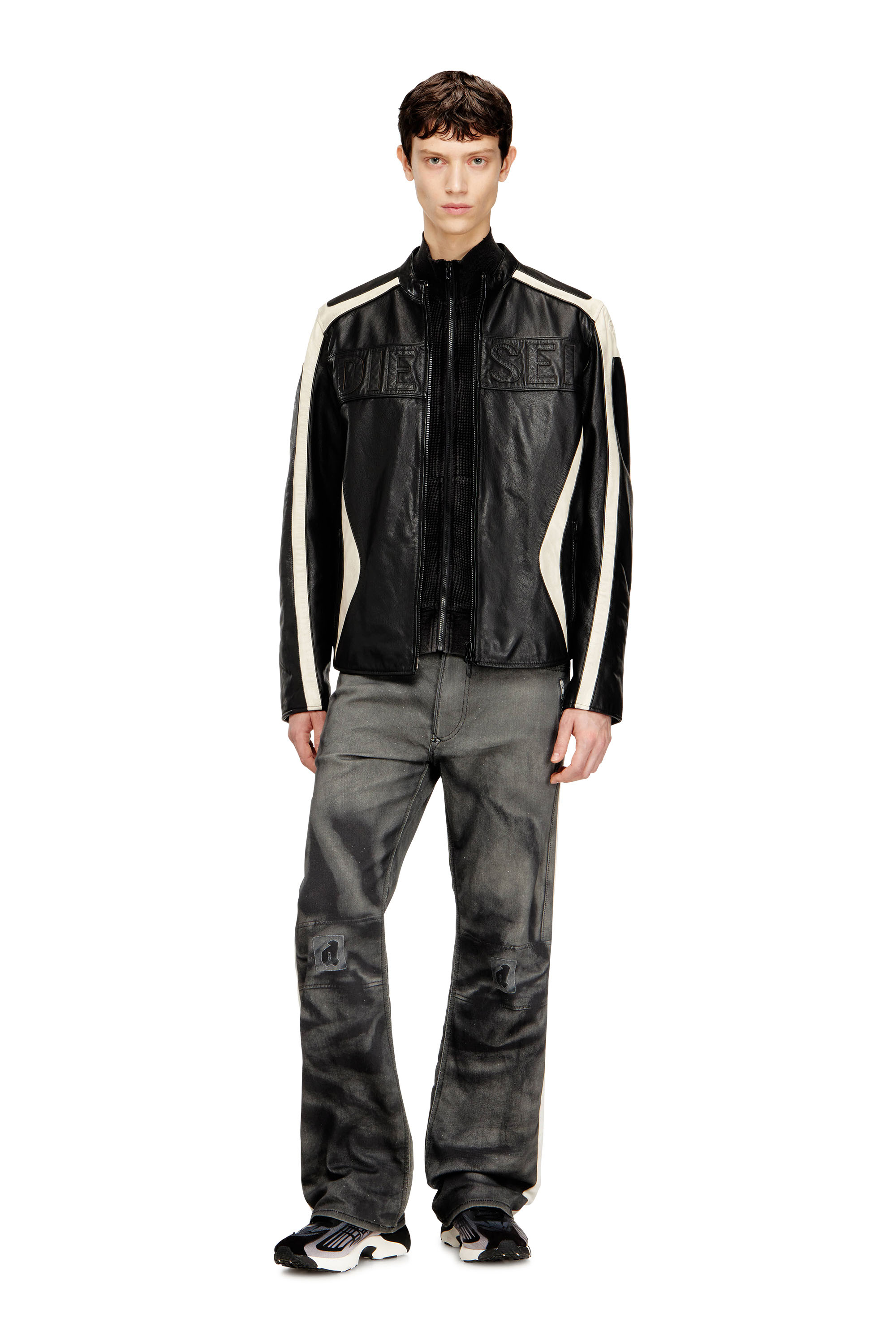 Diesel - L-ADAM, Man's Colour-block leather biker jacket in Black/White - 2