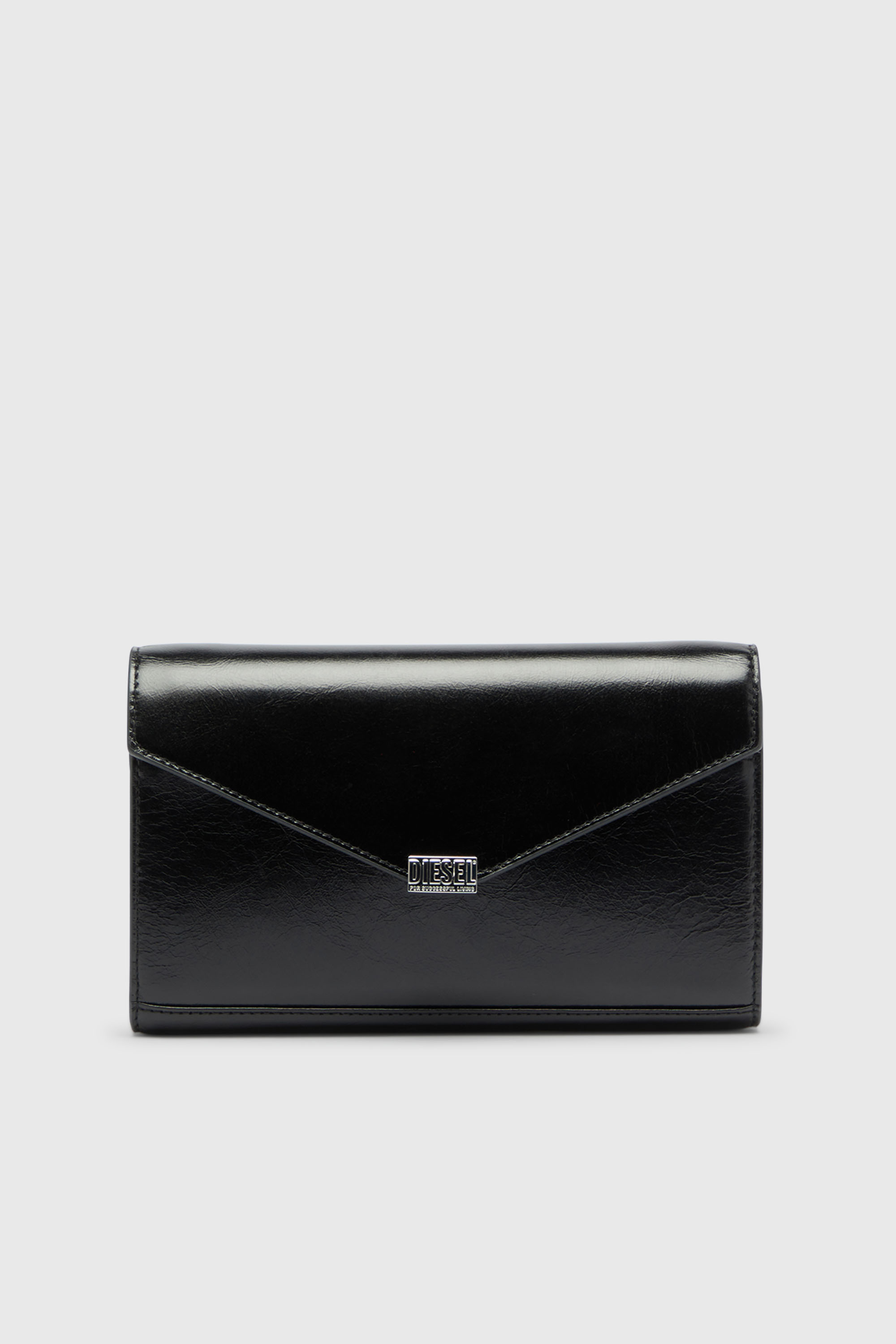 Diesel - D-ENVELOP WALLET ON CHAIN, Woman's Wallet purse in shiny wrinkled leather in Black - 1
