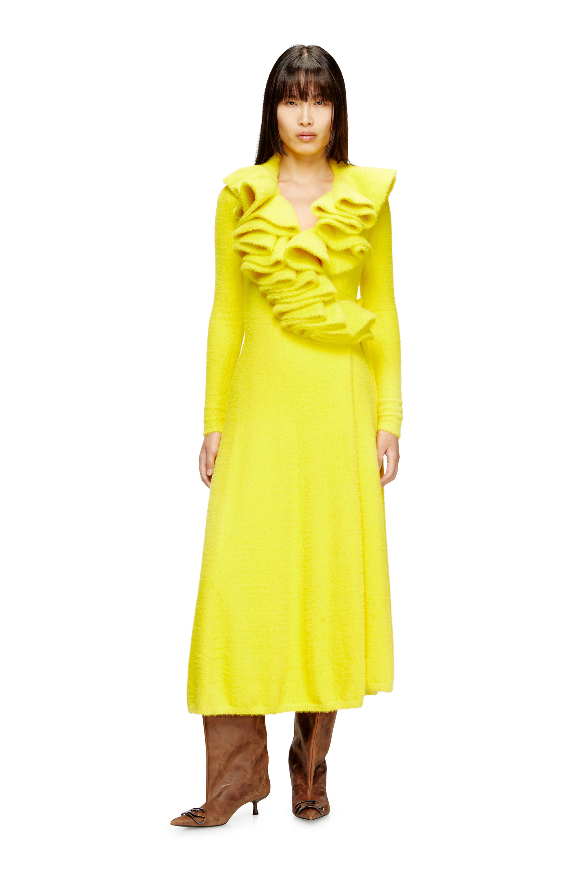 Diesel - M-INGELINA, Woman's Fluffy midi dress with ripple neck in Yellow - 2