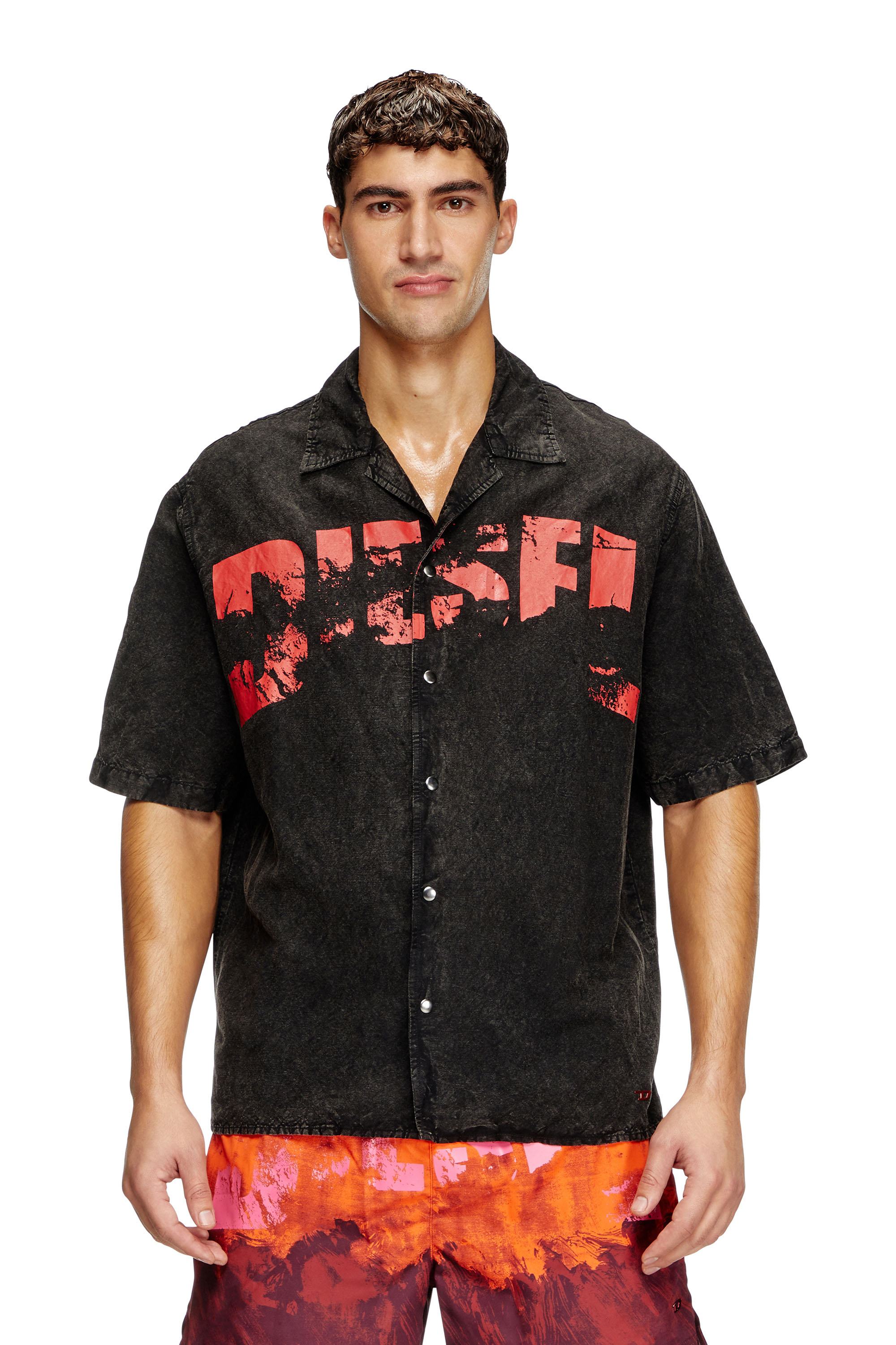 Diesel - CHARLES-D-POP, Man's Beach shirt in linen blend in Black - 1