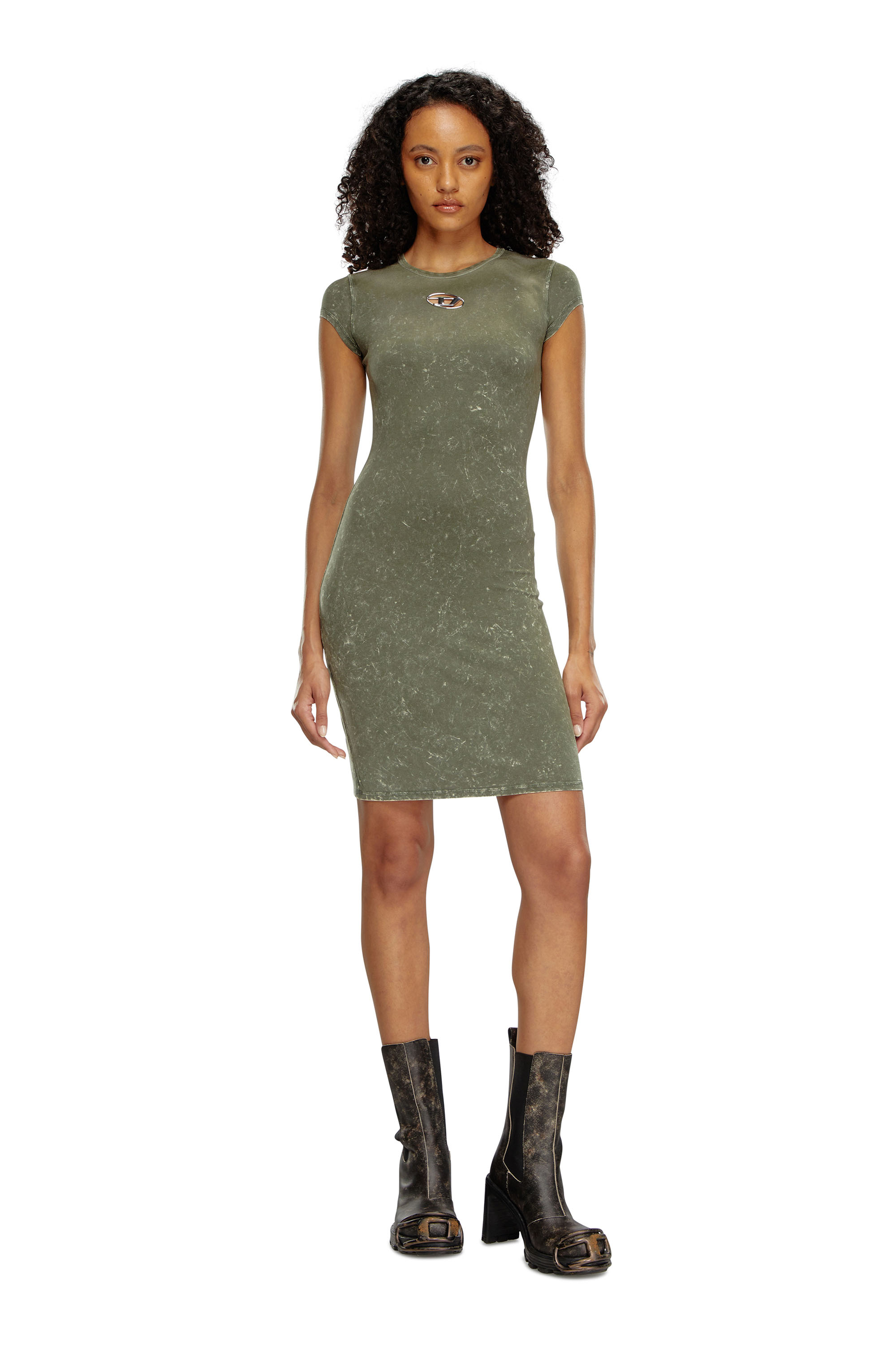 Diesel - D-ANGIEL-P1, Woman's Short dress in marbled stretch jersey in Olive Green - 1