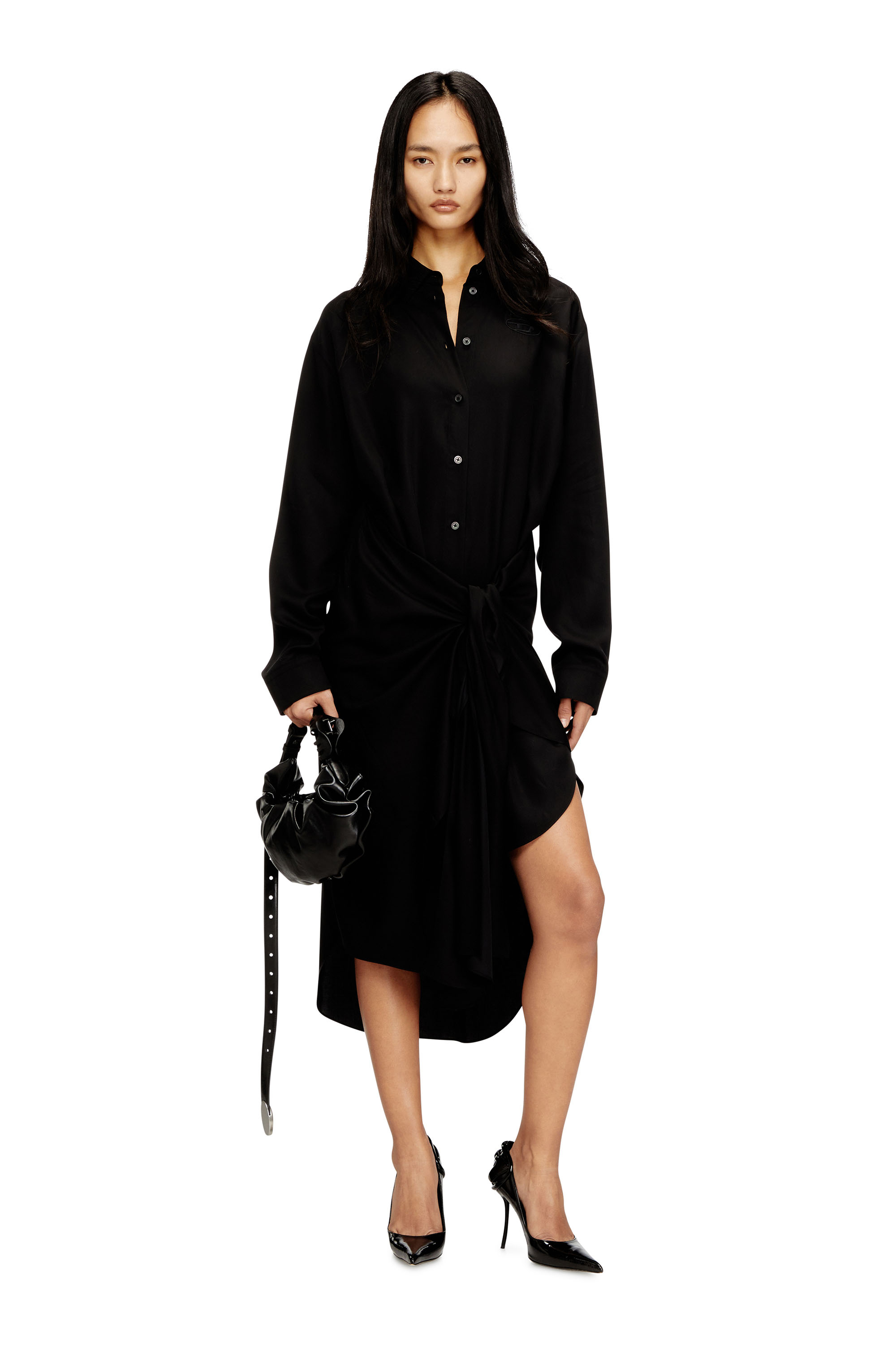 Diesel - D-ILETTA-S1, Woman's Midi shirt dress with twisted detail in Black - 1
