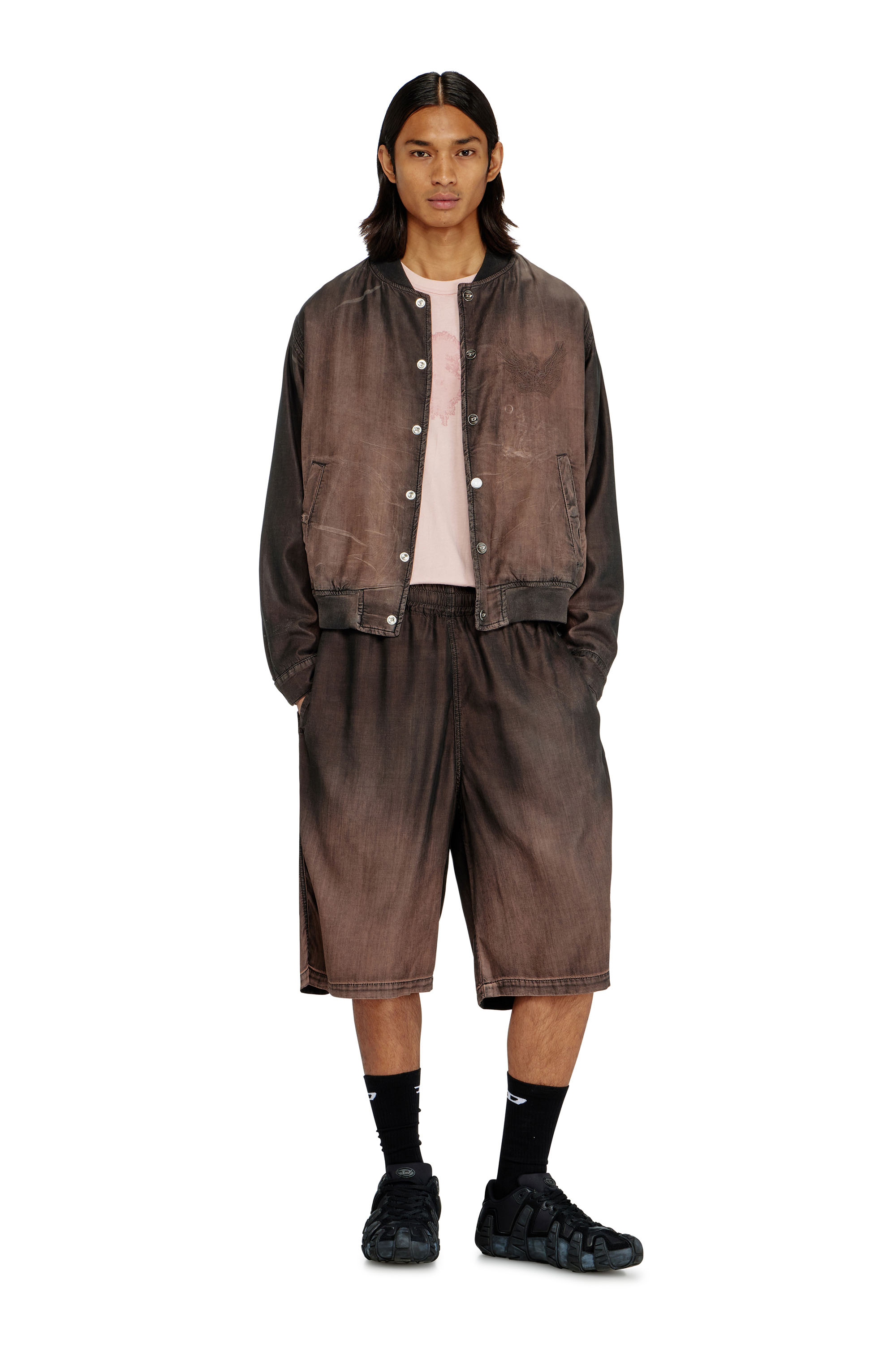 Diesel - D-RODER-SHORT-S, Unisex's Relaxed bermuda shorts in fluid coated denim in Dark Brown - 2