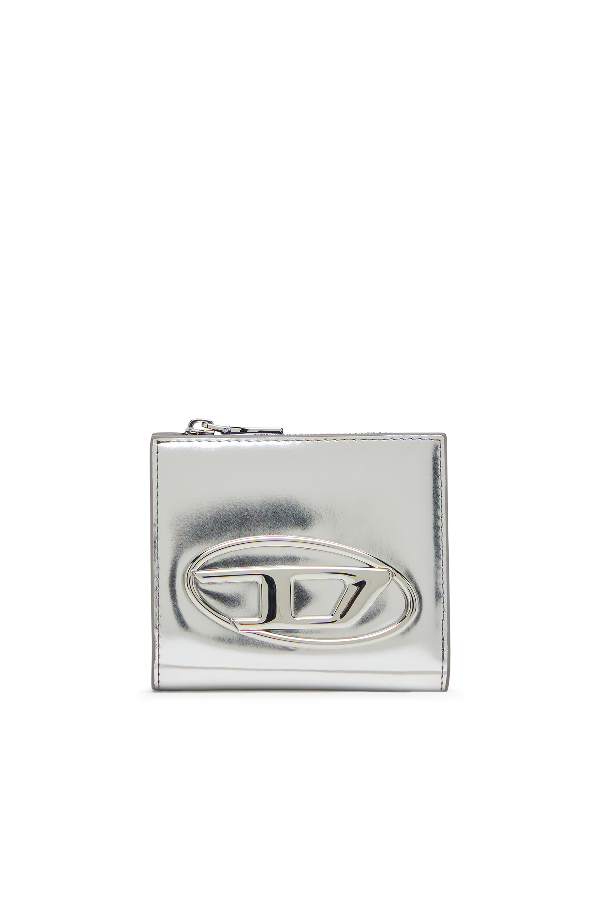Diesel - 1DR BI FOLD ZIP L, Woman's Bi-fold card holder in mirrored leather in Silver - 1