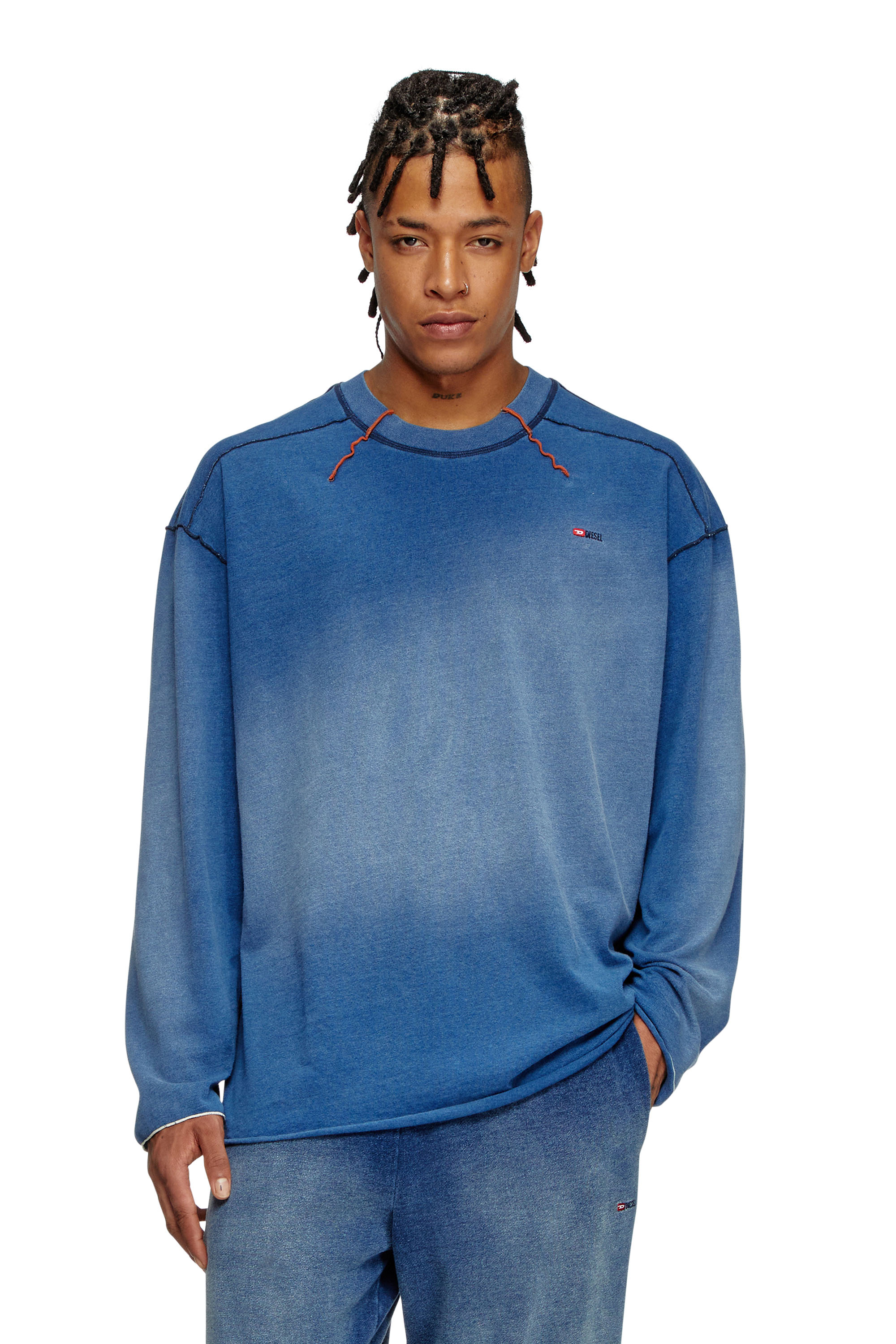 Diesel - T-CRAO-LS, Man's Faded long-sleeve T-shirt with micro logo in Blue - 3