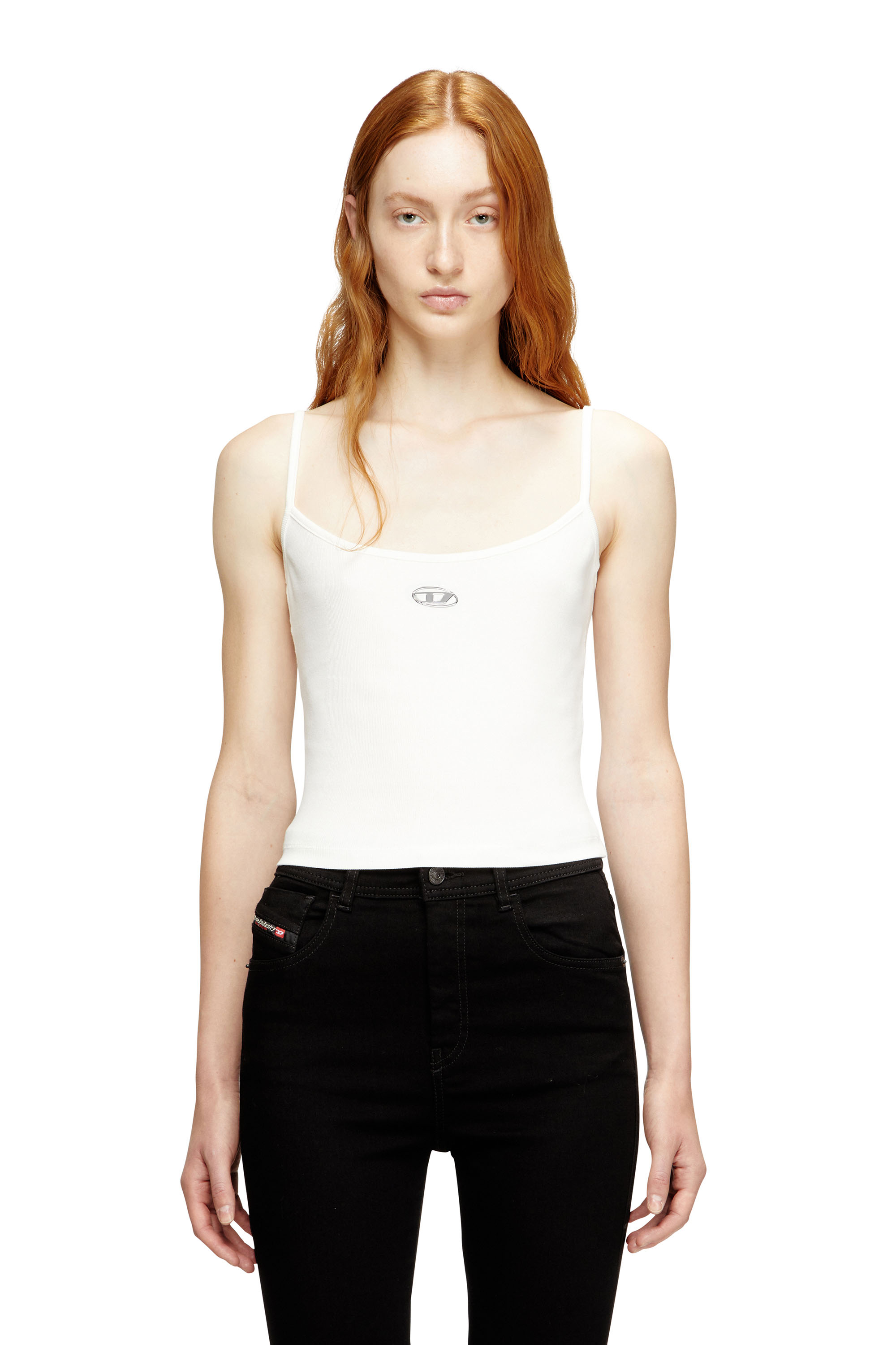Diesel - T-HUPY-OD, Woman's Ribbed top with metallic Oval D in White - 3