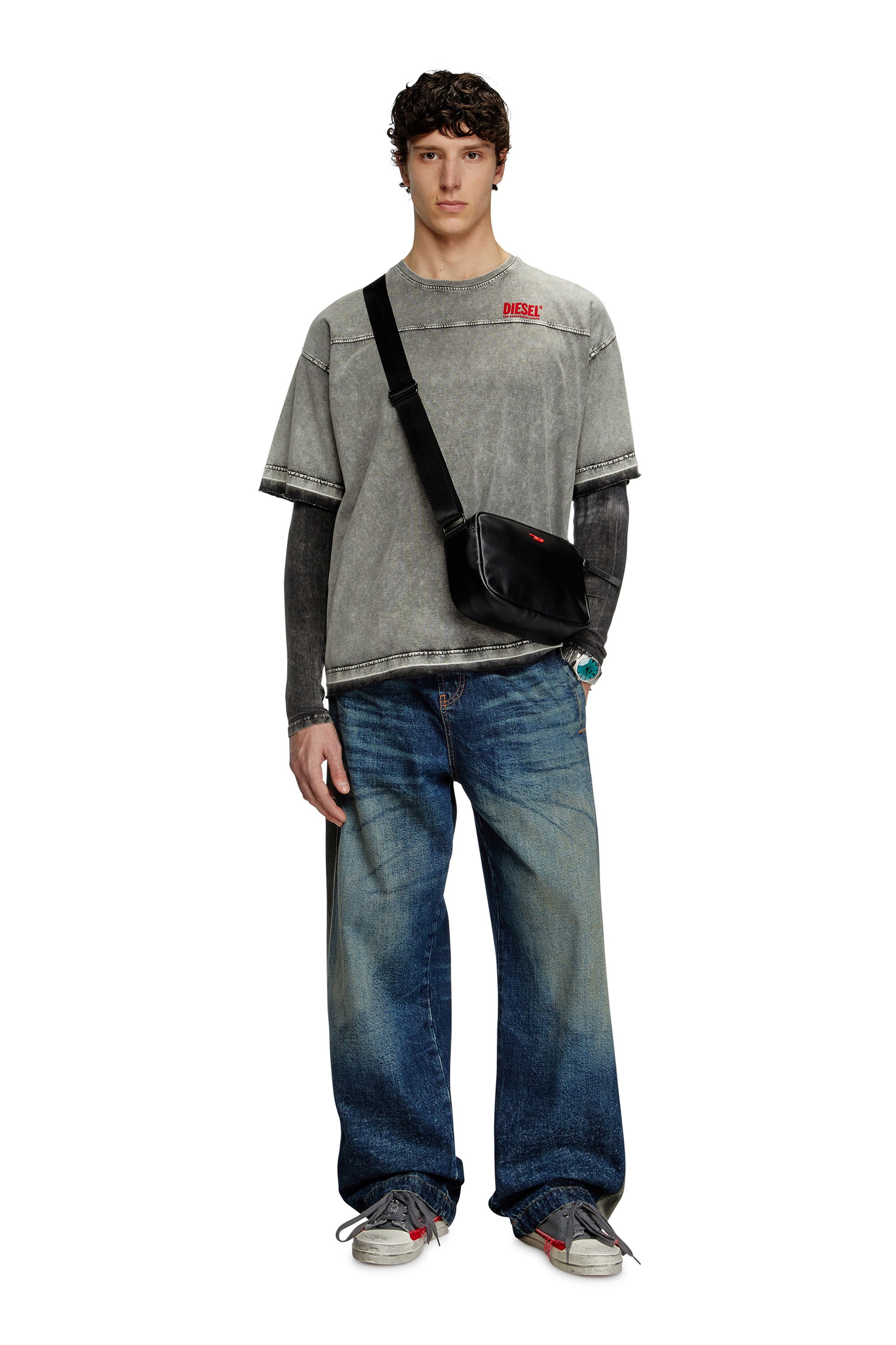 Diesel - T-HOXT, Man's Denim-look T-shirt with released hems in Light Grey - 2