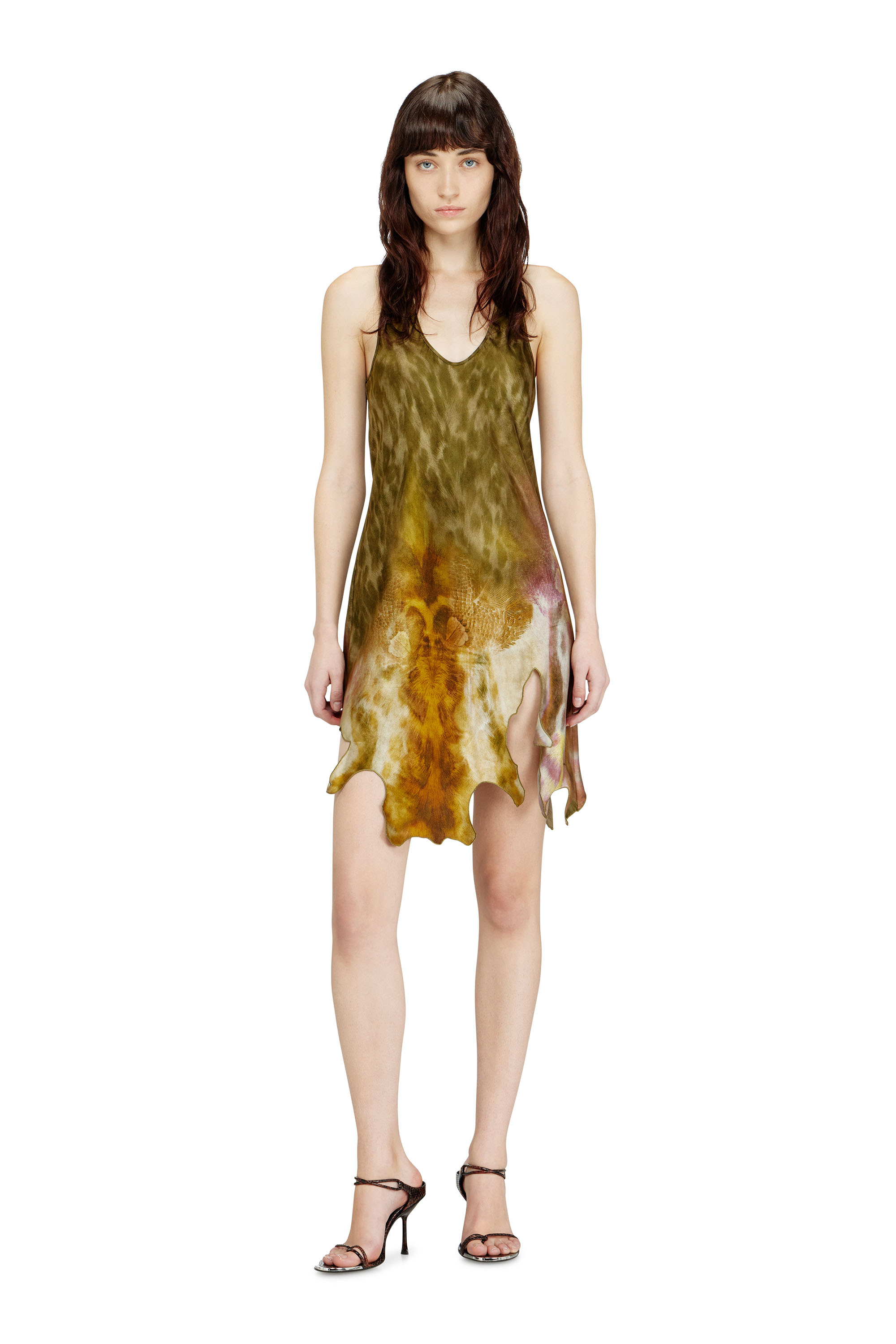 Diesel - D-AHIUL, Woman's Short satin dress with hide-effect hem in Brown/Green - 3