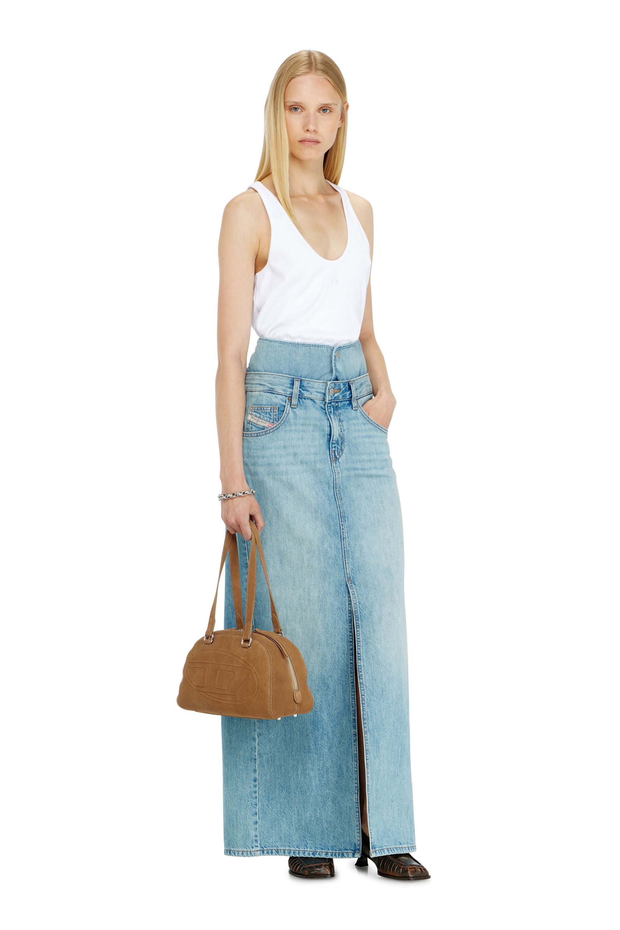Diesel - DE-SPIVEY, Woman's Jean-illusion denim maxi skirt with slits in Light Blue - 1