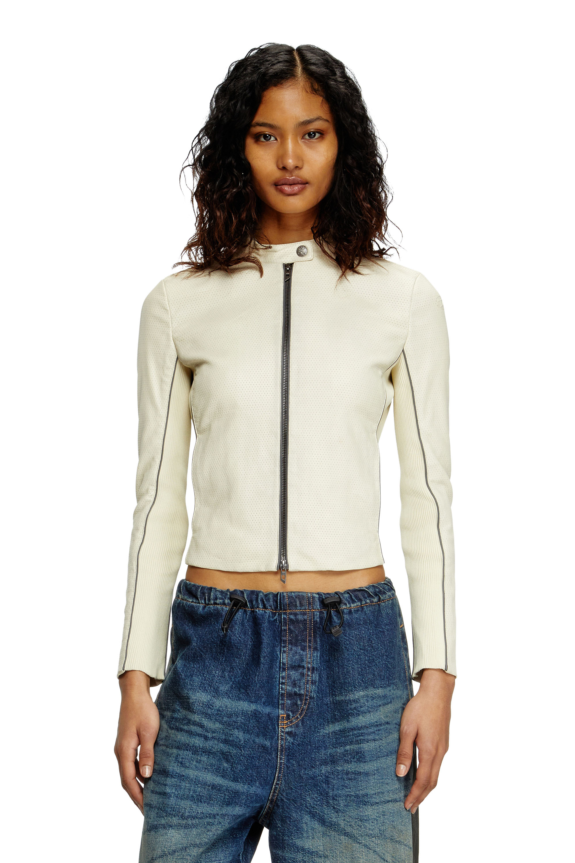 Diesel - L-IBRA, Woman's Biker jacket in perforated stretch leather in White - 1