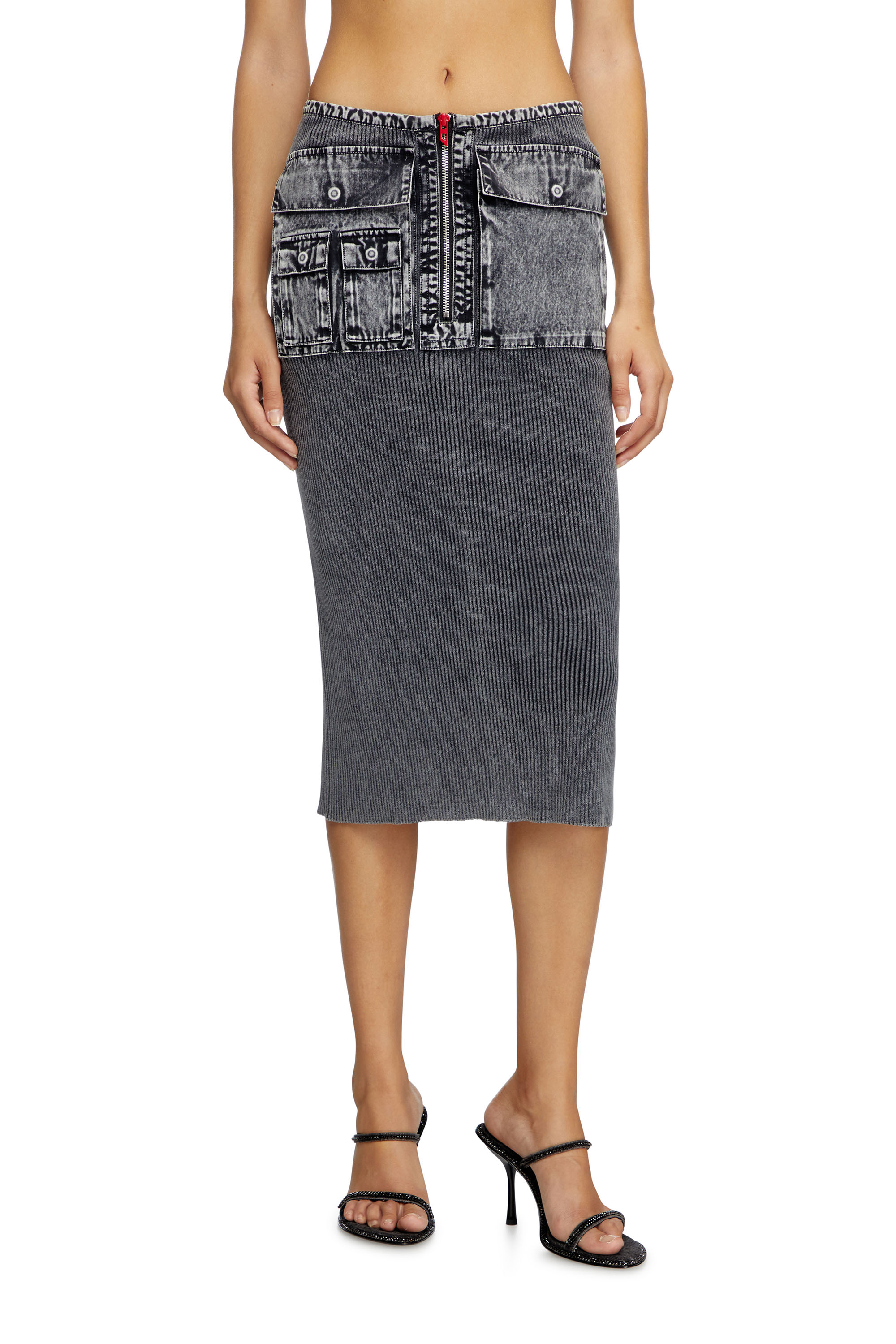 Diesel - M-MERYN, Woman's Knit midi skirt with denim cargo pockets in Dark grey - 2