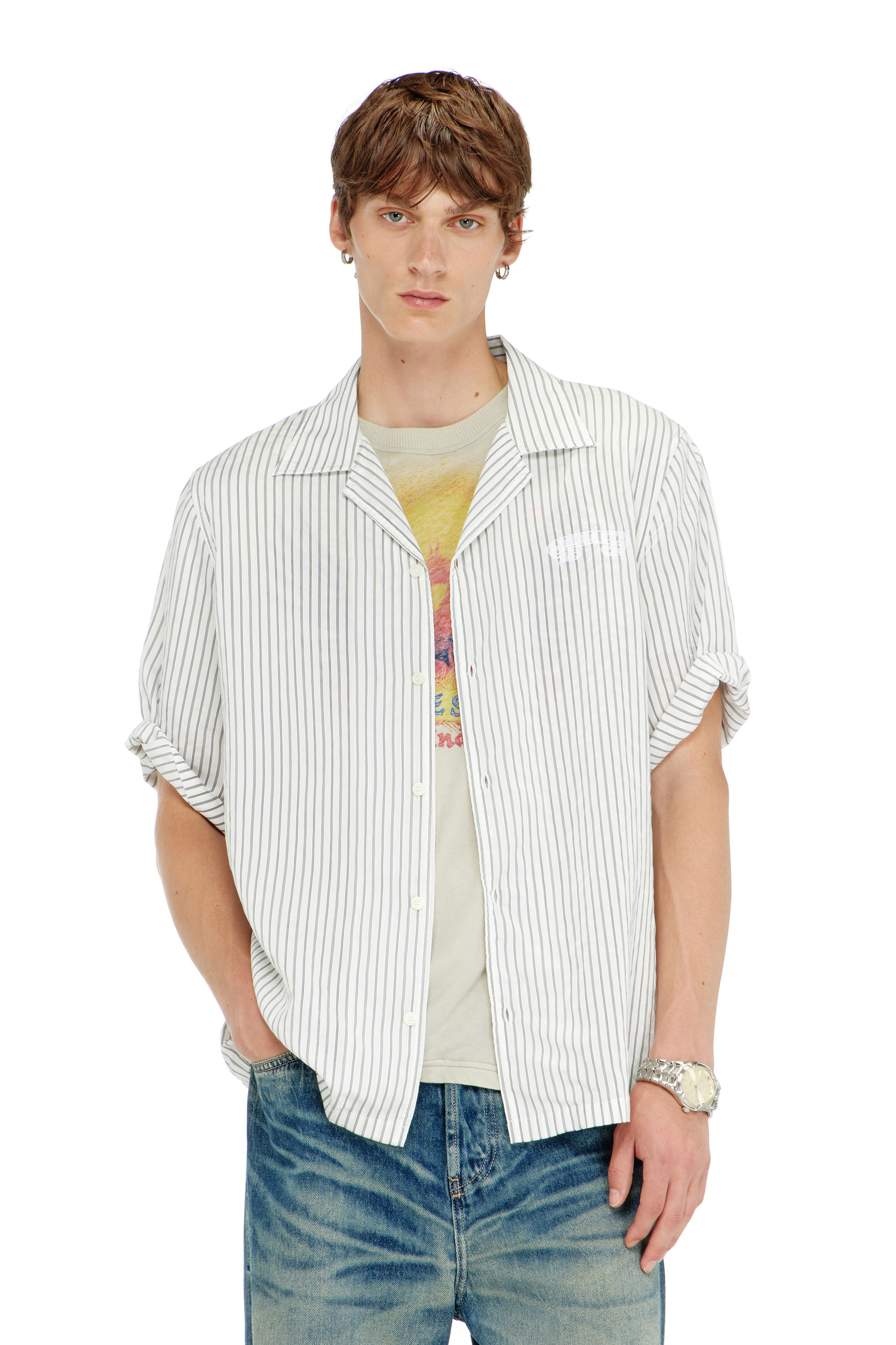 Diesel - S-MAC-EFBV, Man's Half-sleeve shirt in pinstripe modal in White/Grey - 3