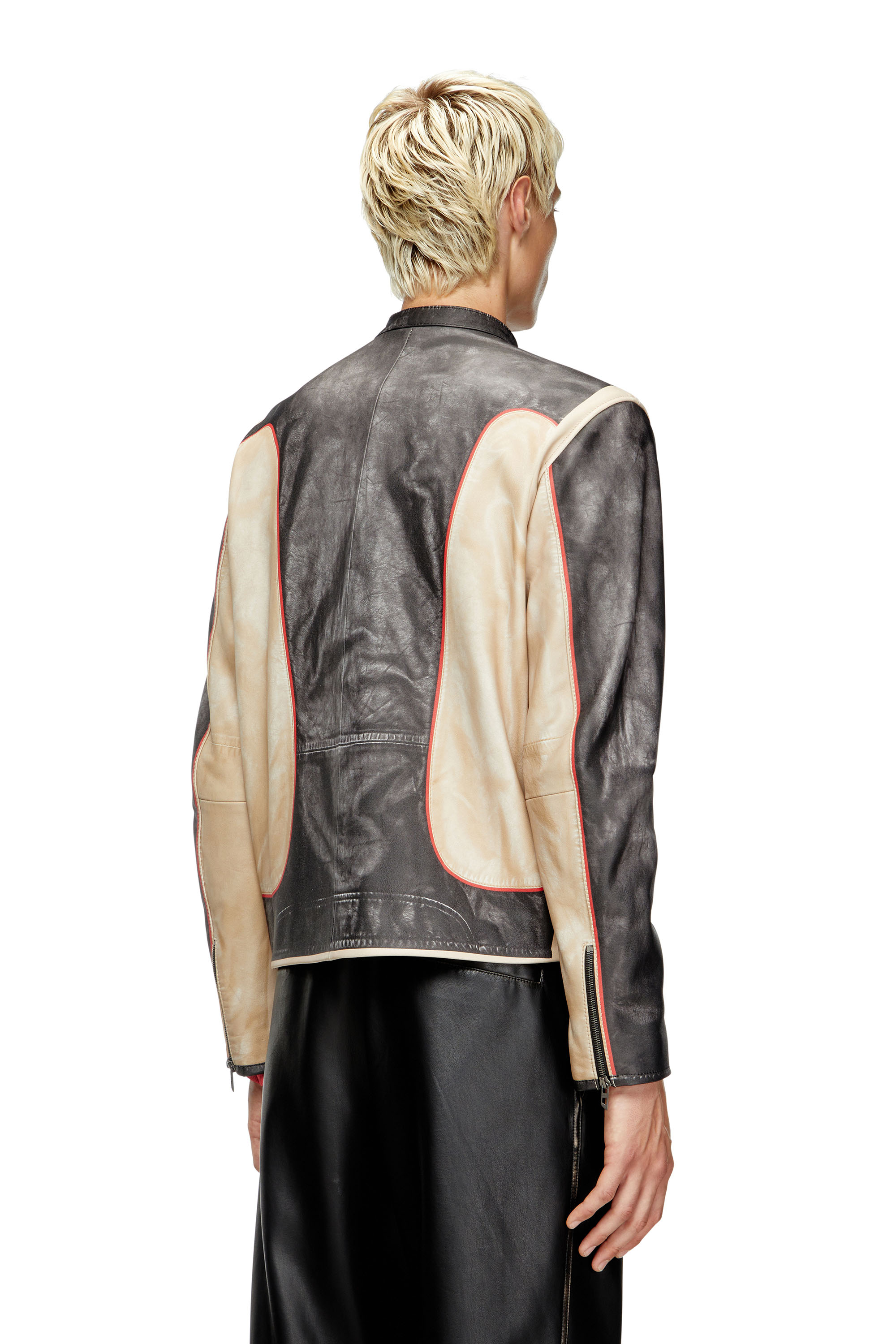 Diesel - L-EVERT, Man's Trompe l'oeil-effect leather biker jacket in Beige/Black - 4
