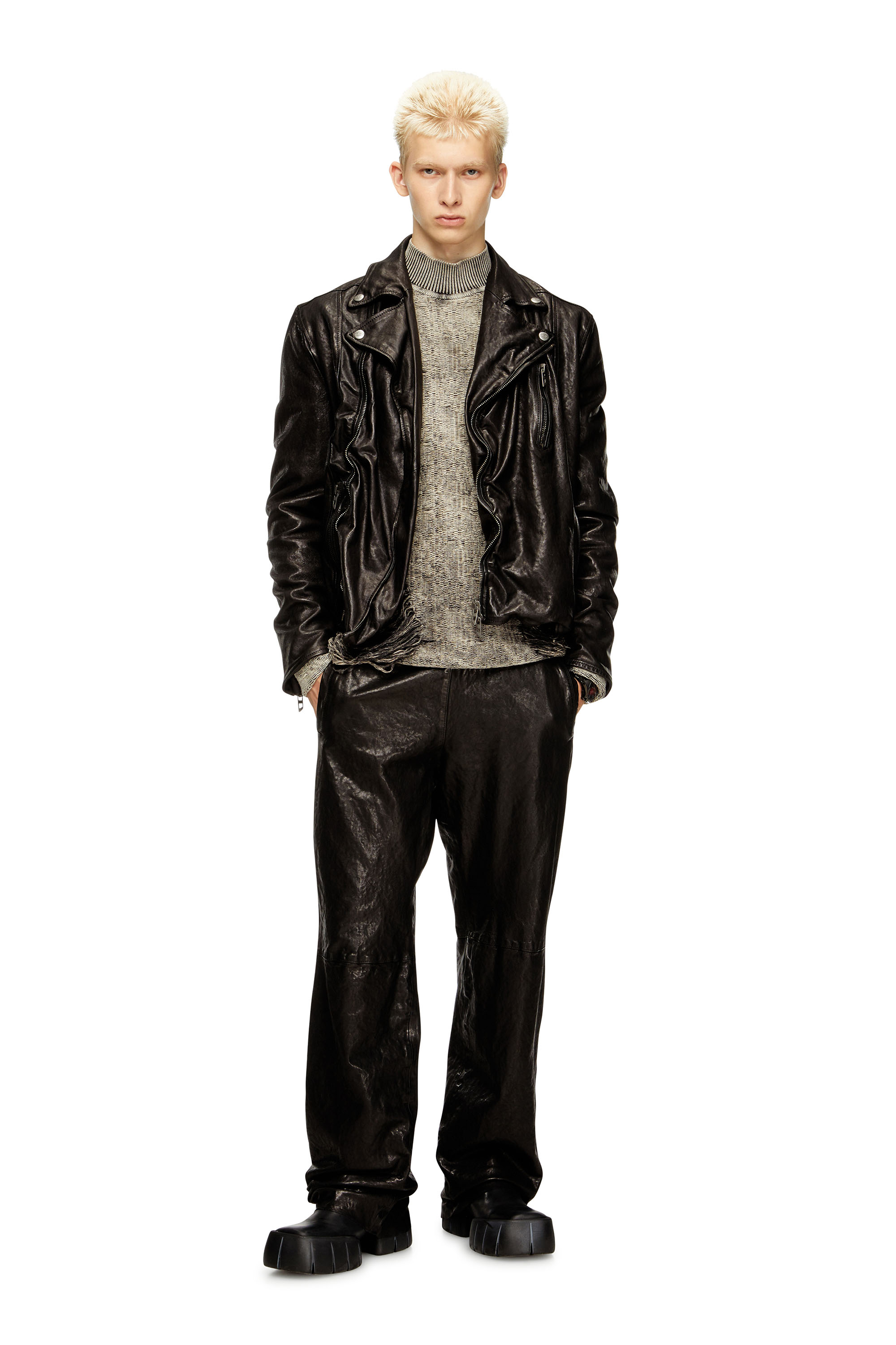 Diesel - L-UNCAN, Man's Biker jacket in boiled leather in Black - 2