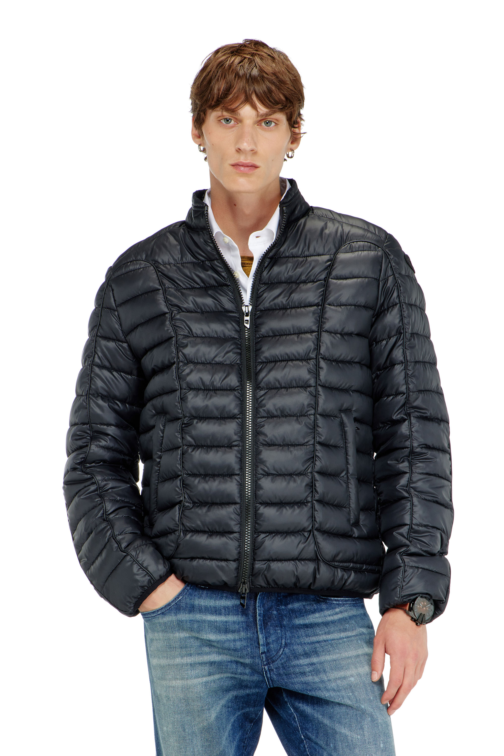 Diesel - W-PILOT-WRD, Man's Biker-style puffer jacket with tonal piping in Black - 1