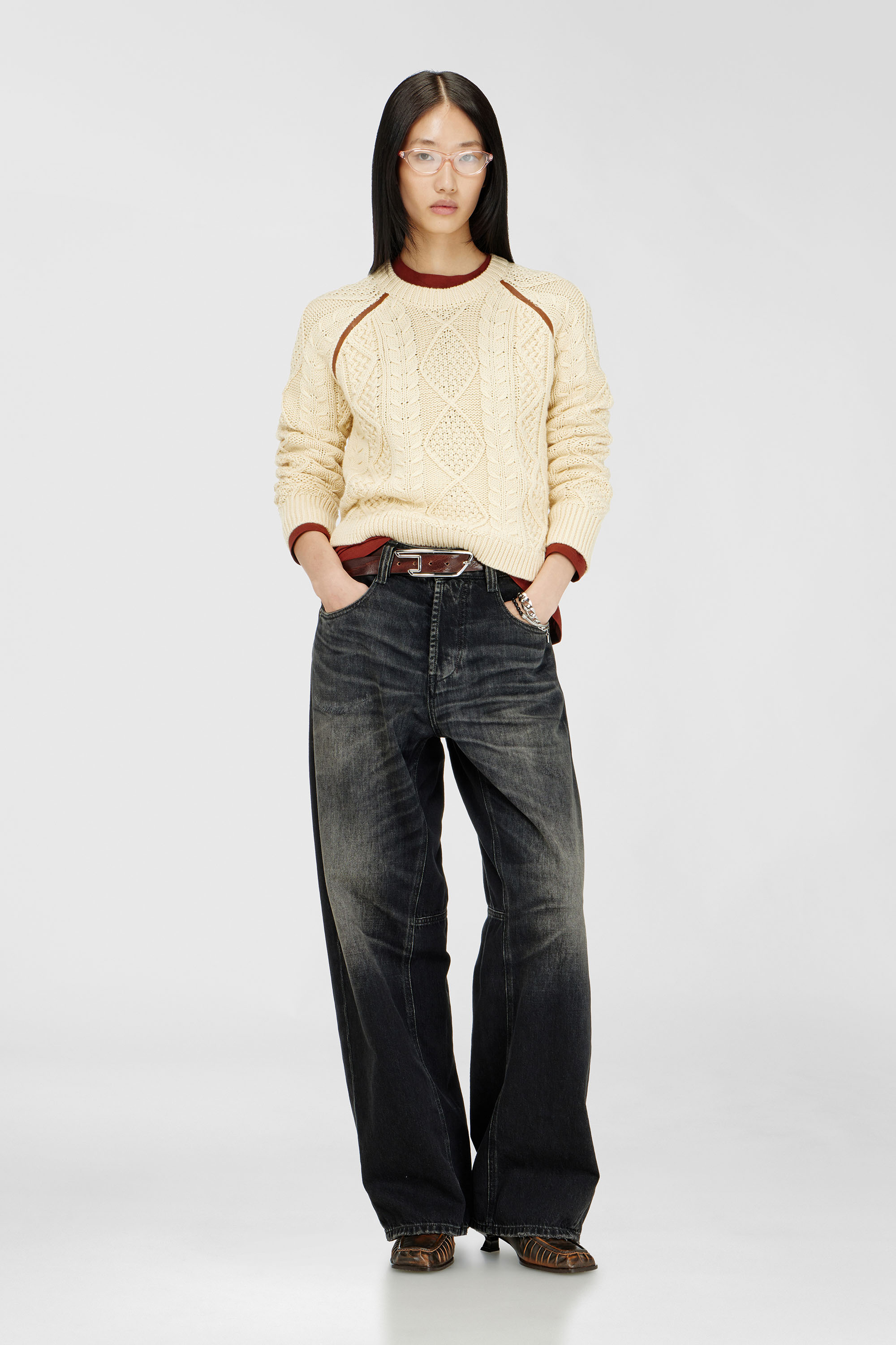 Diesel - M-INTANA, Woman's Cable-knit jumper with contrast bands in Beige - 2