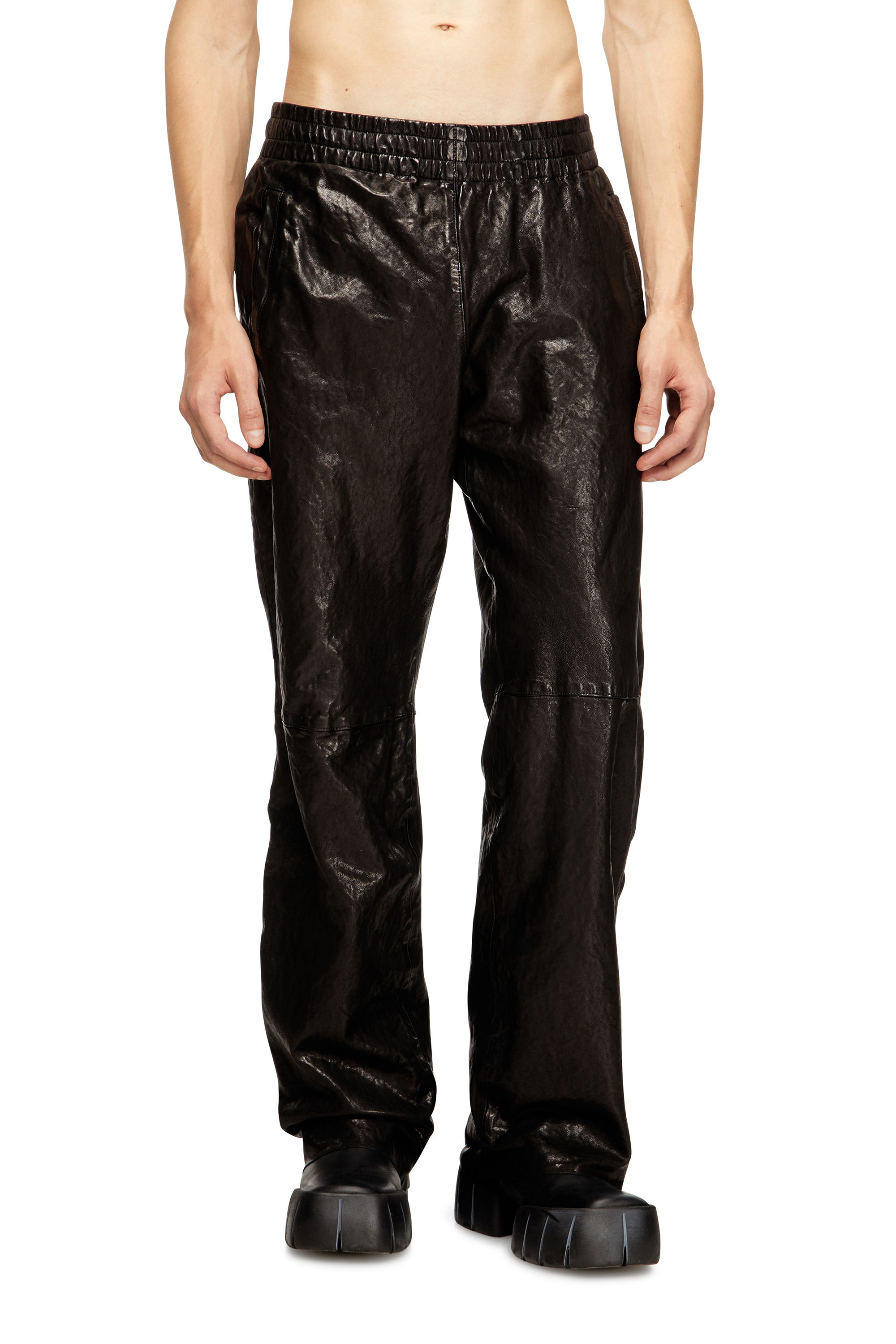 Diesel - P-BRU, Man's Elasticated pants in boiled leather in Black - 3